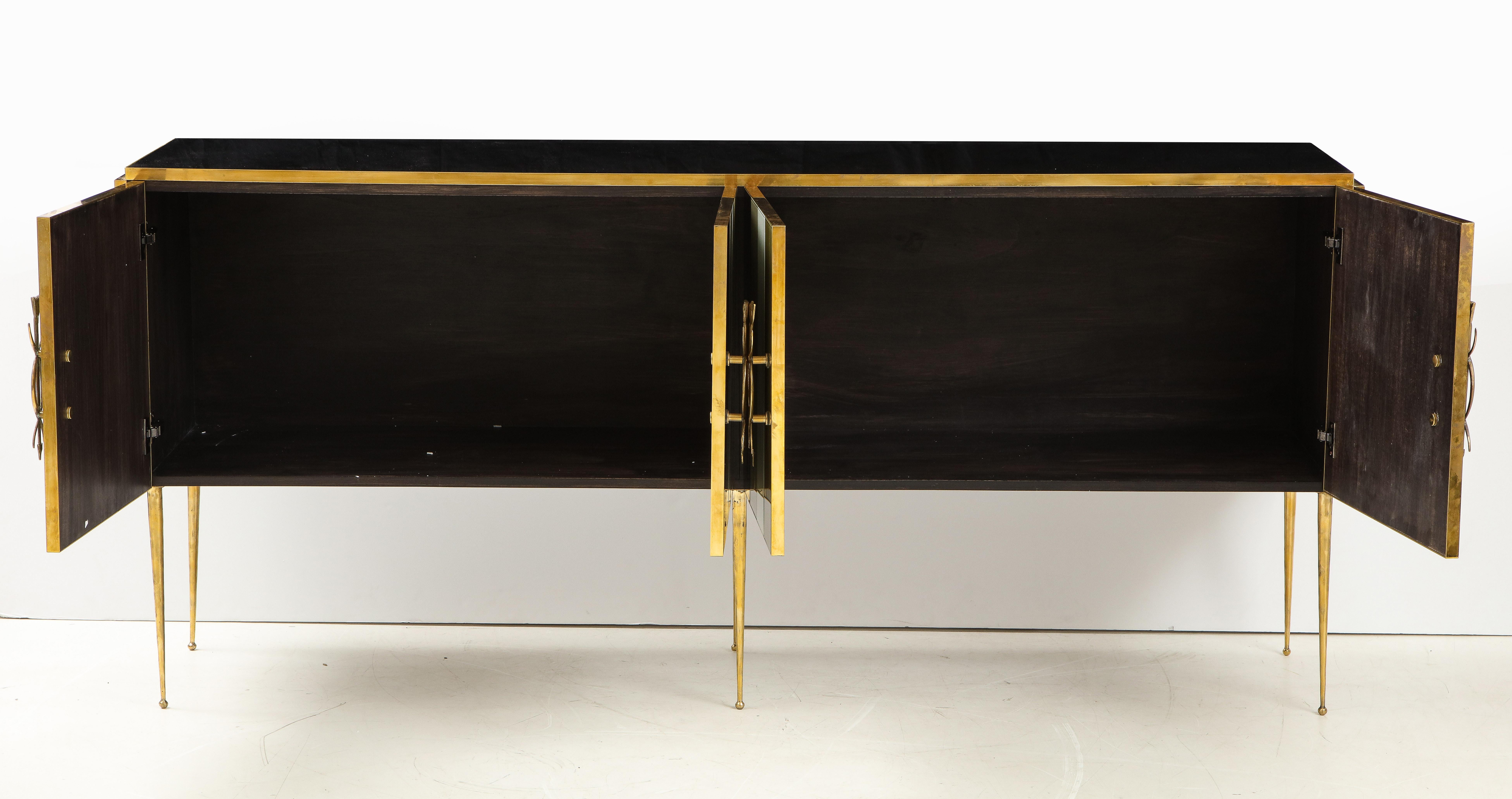 Striped Ivory, Black and Taupe Green Tinted Glass and Brass Sideboard, Italy In New Condition In New York, NY