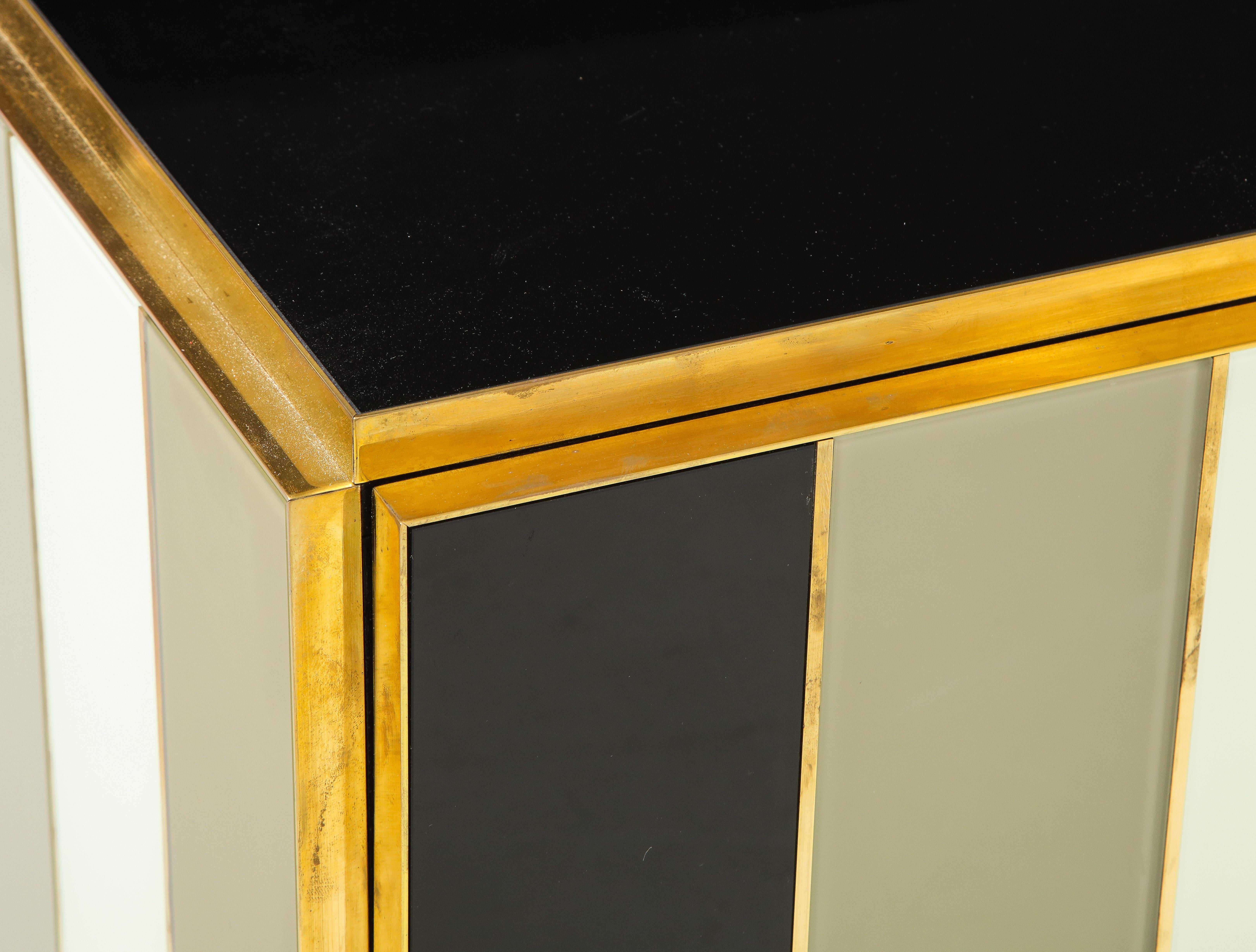 Striped Ivory, Black and Taupe Green Tinted Glass and Brass Sideboard, Italy 1