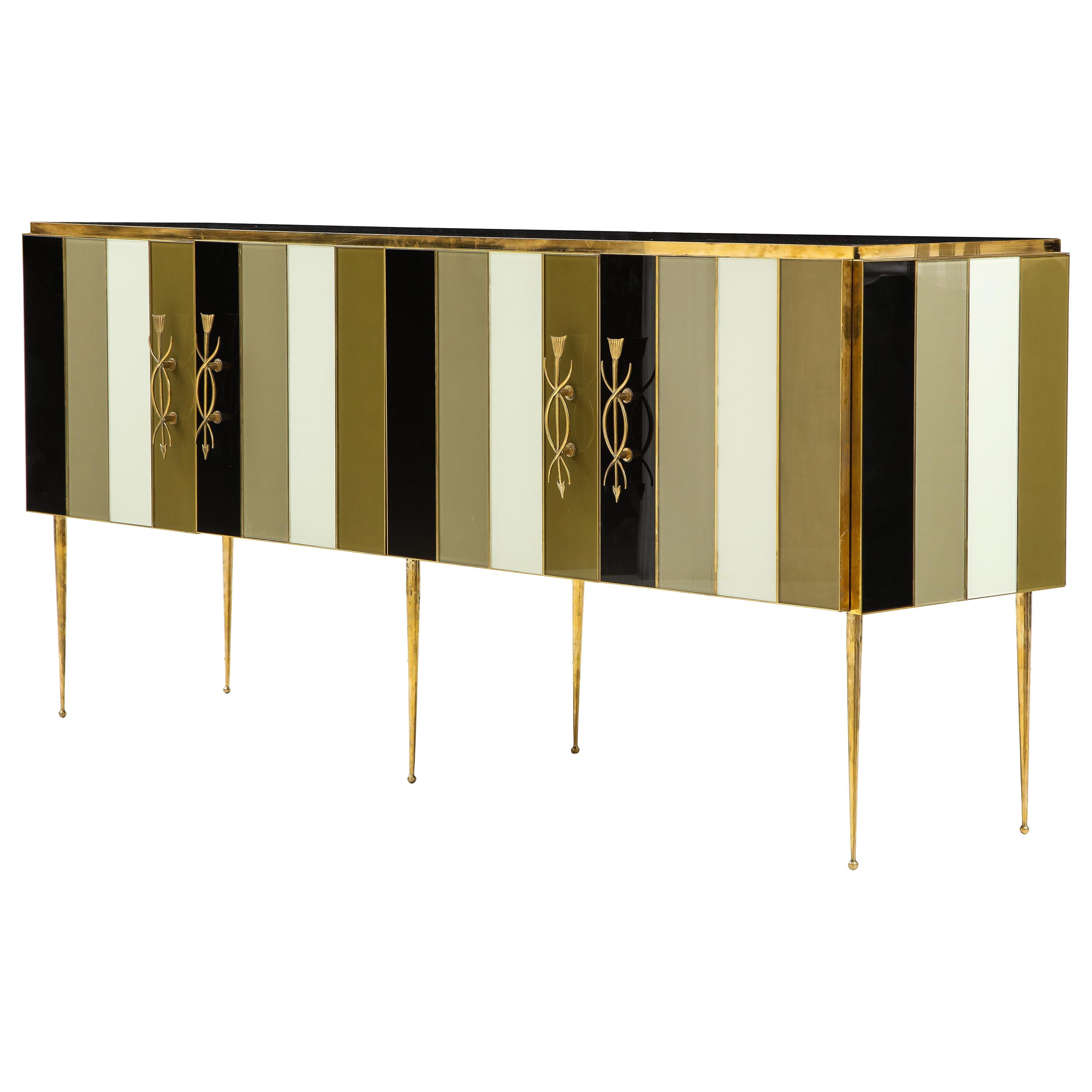 Striped Ivory, Black and Taupe Green Tinted Glass and Brass Sideboard, Italy