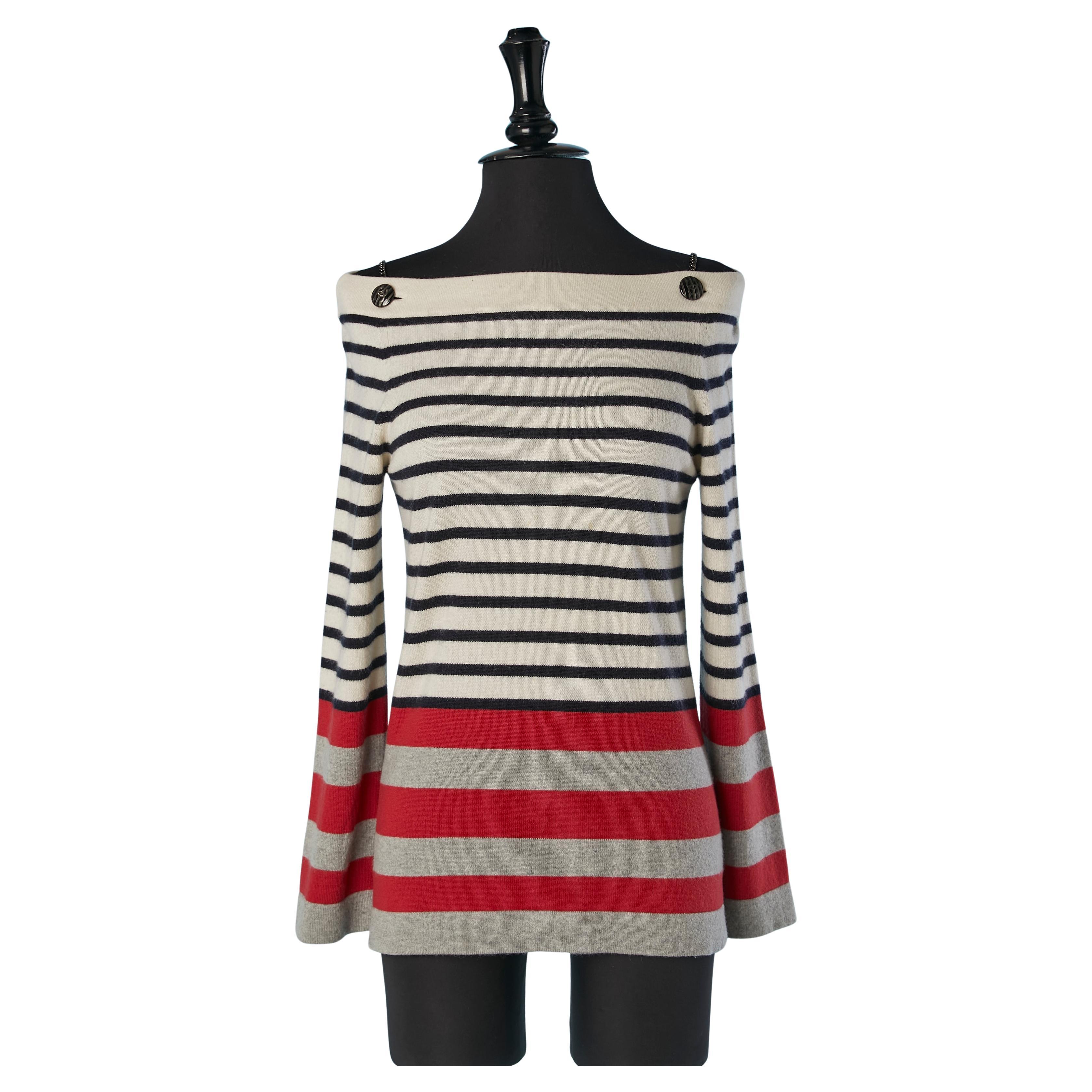 Striped jacquard cashmere sweater with chain and button on shoulders CHANEL