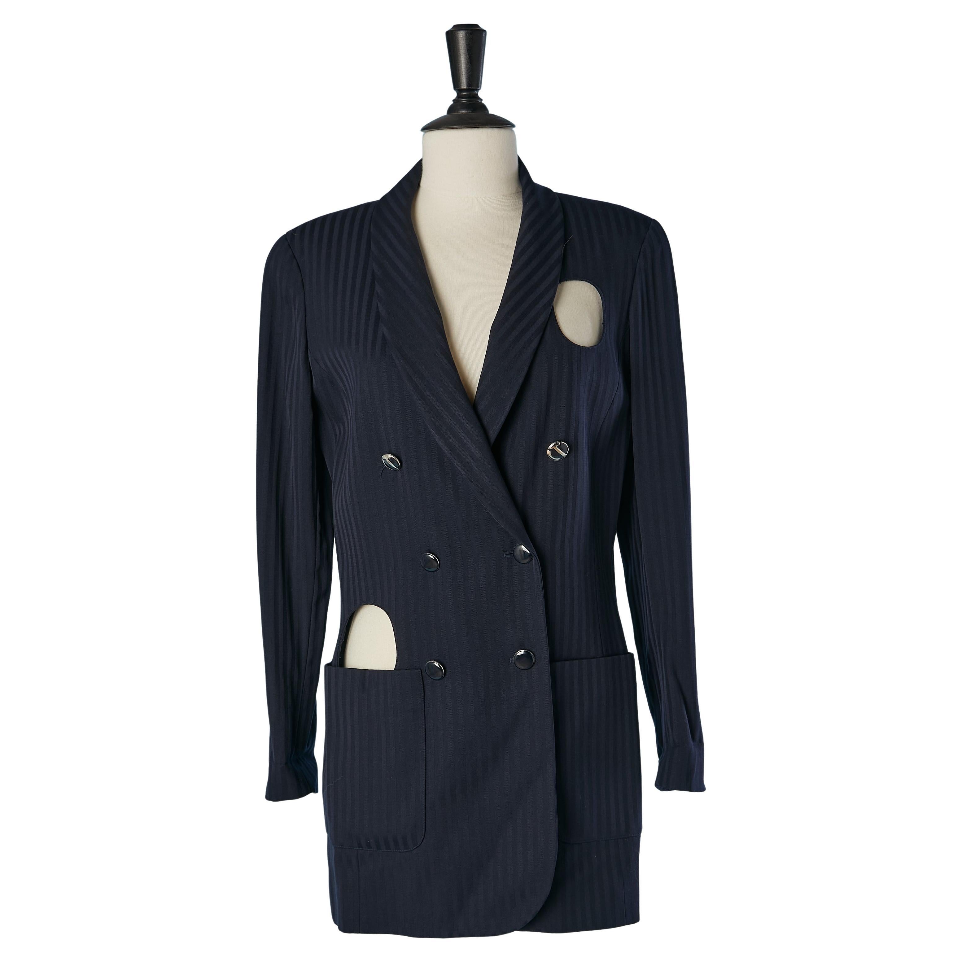 Striped jacquard wool double breasted jacket with round cut-work CHANTAL THOMASS