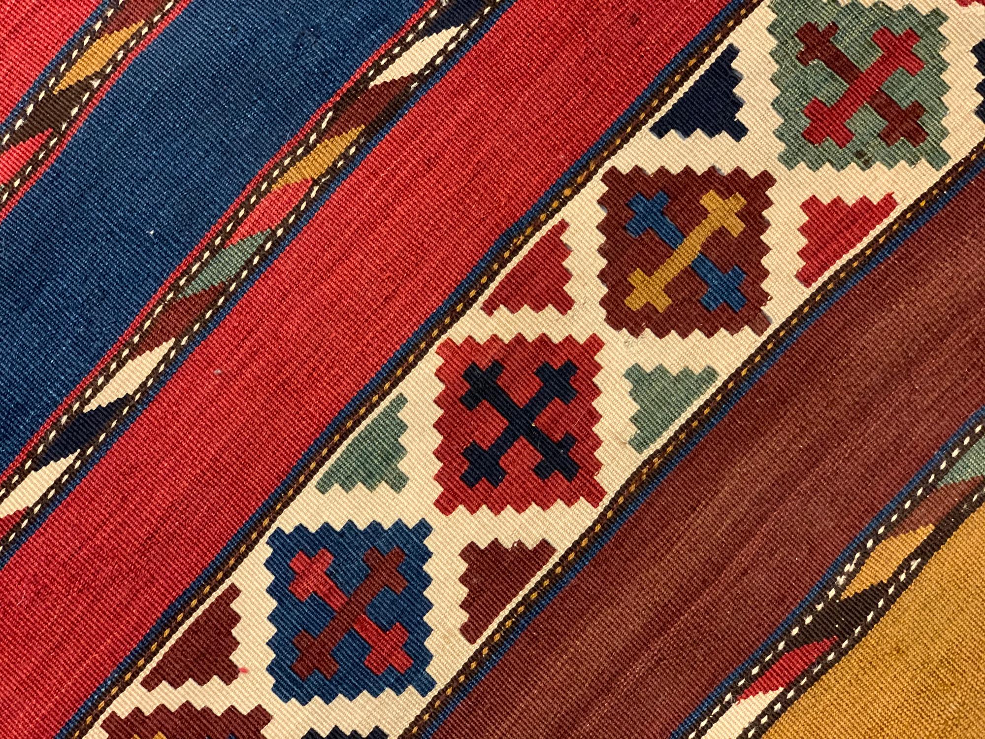 20th Century Striped Kilim Traditional Wool Antique Caucasian Kilim Rug