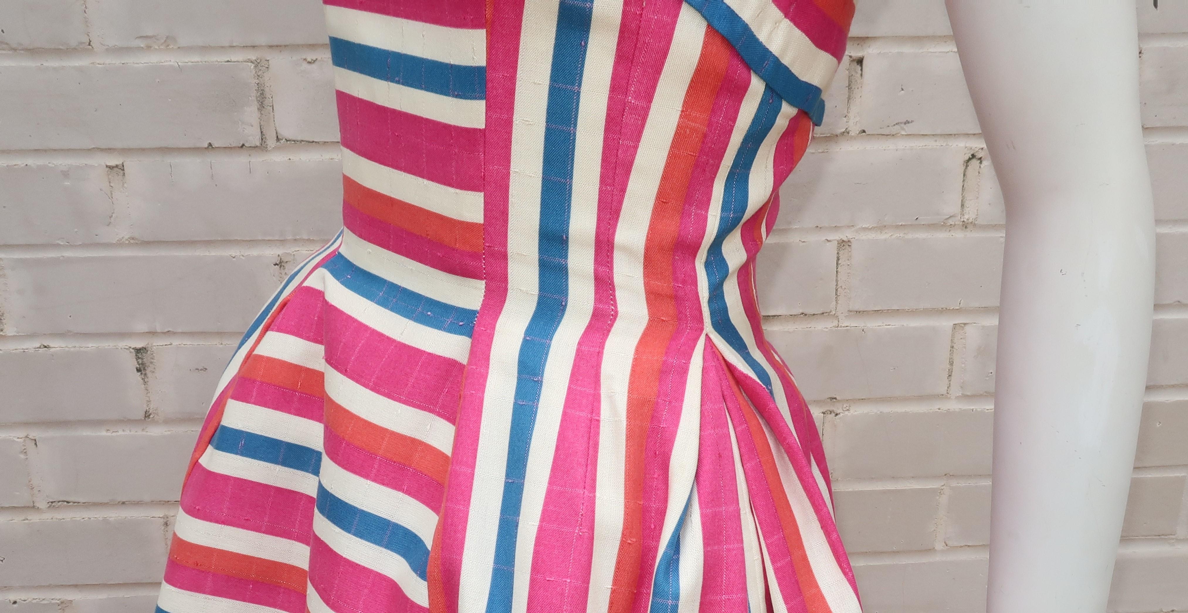 Striped Linen Sun Dress With Built-in Crinoline, C.1960 For Sale 2