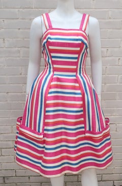 Striped Linen Sun Dress With Built-in Crinoline, C.1960