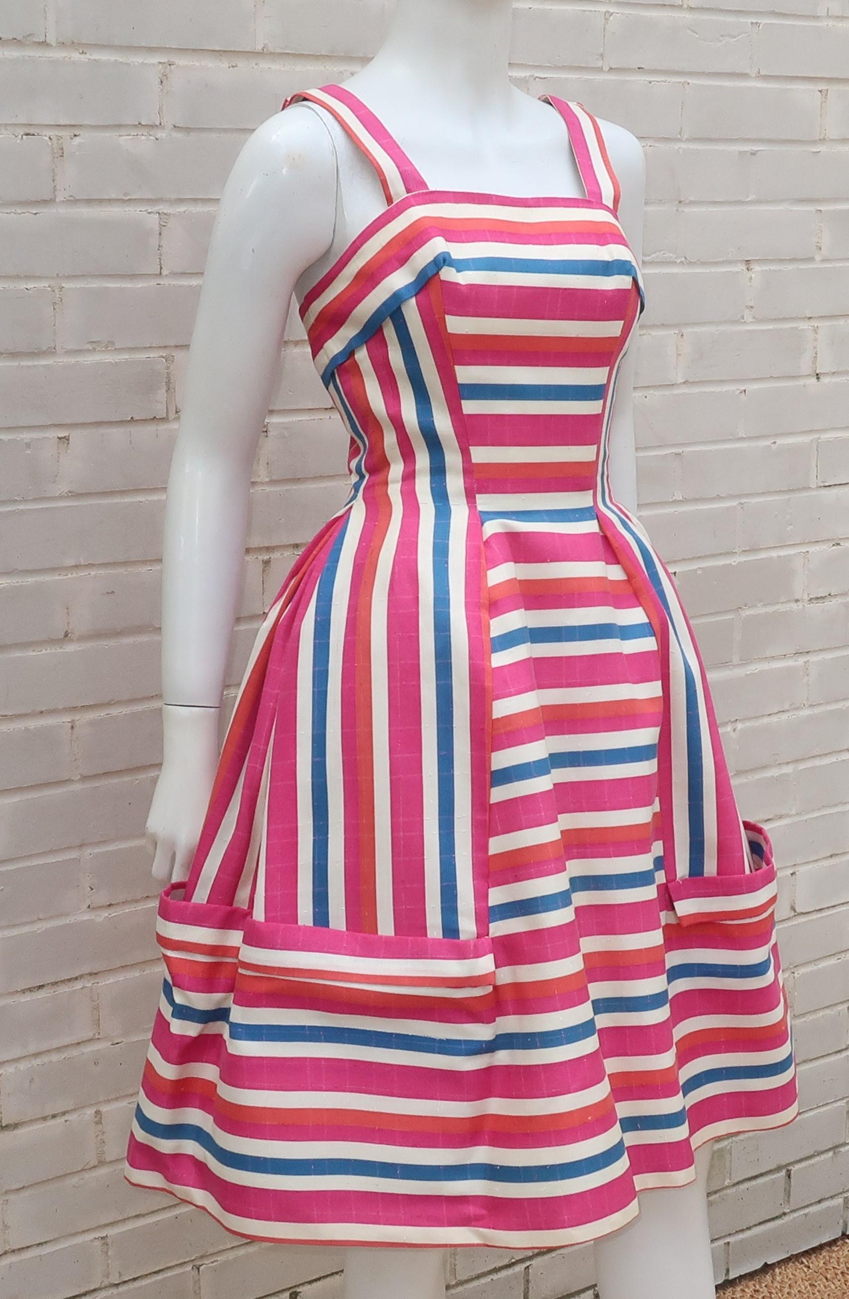 Beige Striped Linen Sun Dress With Built-in Crinoline, C.1960 For Sale