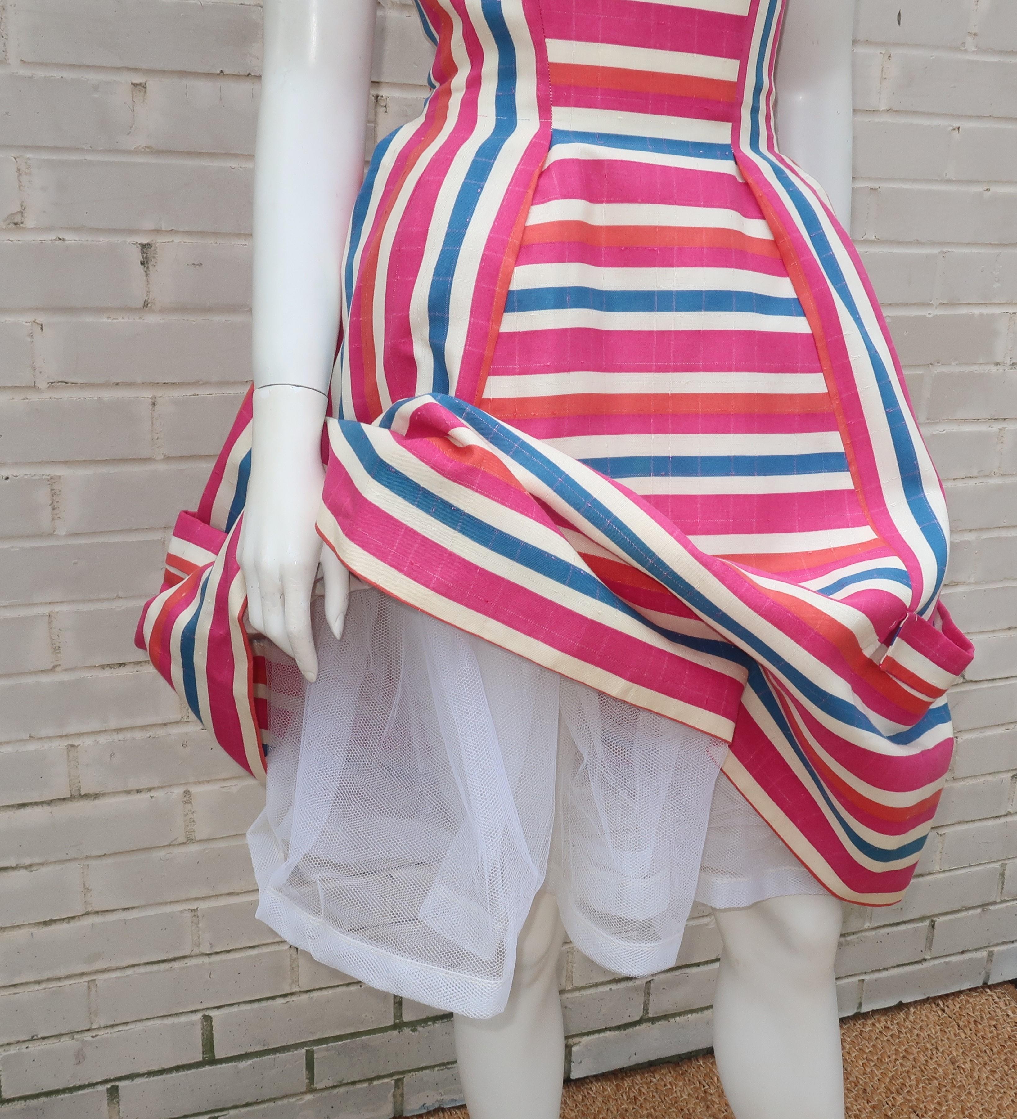 Women's Striped Linen Sun Dress With Built-in Crinoline, C.1960 For Sale