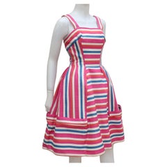 Striped Linen Sun Dress With Built-in Crinoline, C.1960