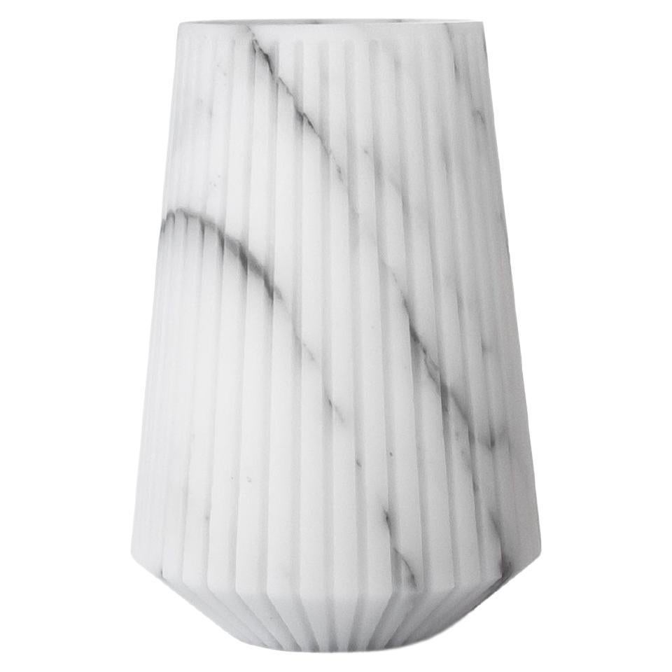 Handmade Striped Medium Vase in White Carrara Marble