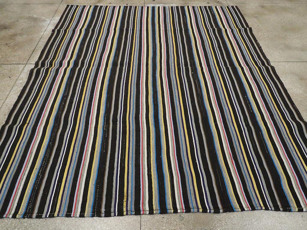 Hand-Woven Striped Mid-20th Century Handmade Turkish Flatweave Kilim Room Size Carpet For Sale