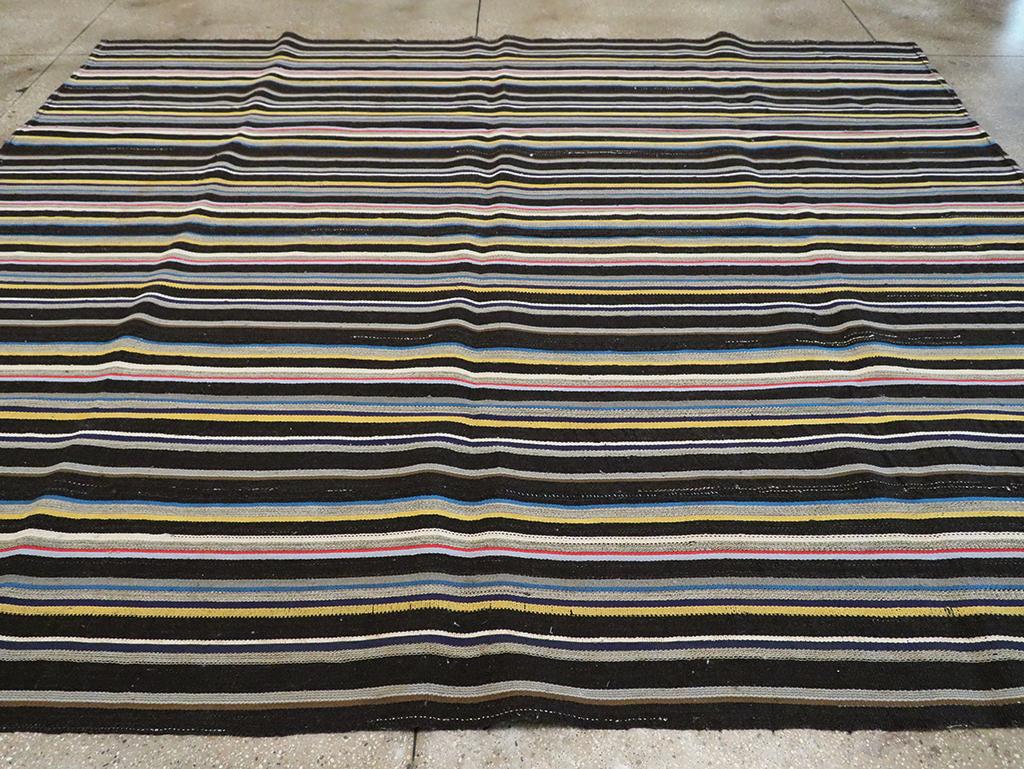 Wool Striped Mid-20th Century Handmade Turkish Flatweave Kilim Room Size Carpet For Sale