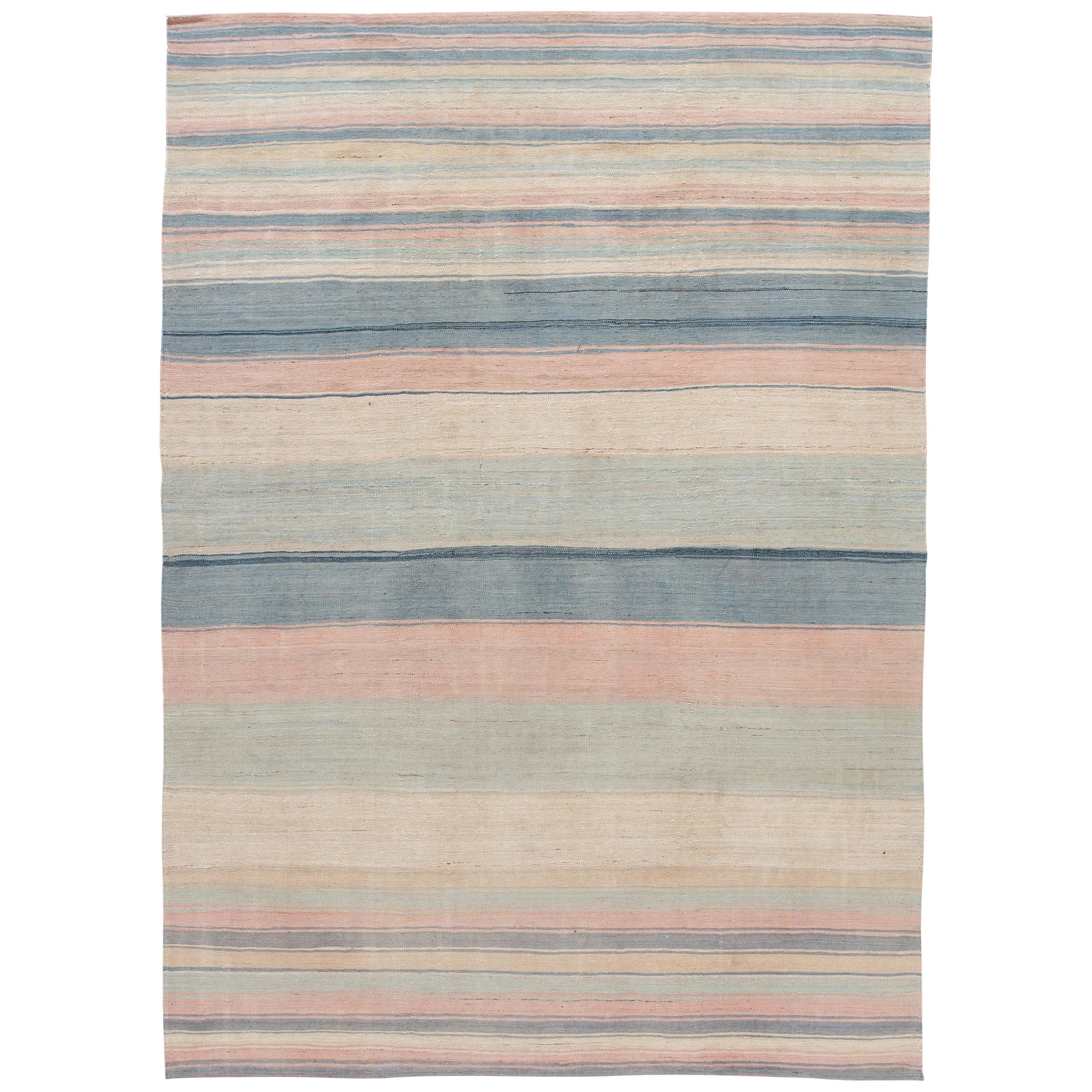 Striped Colorful Modern FlatWeave Kilim Room Size Wool Rug For Sale at