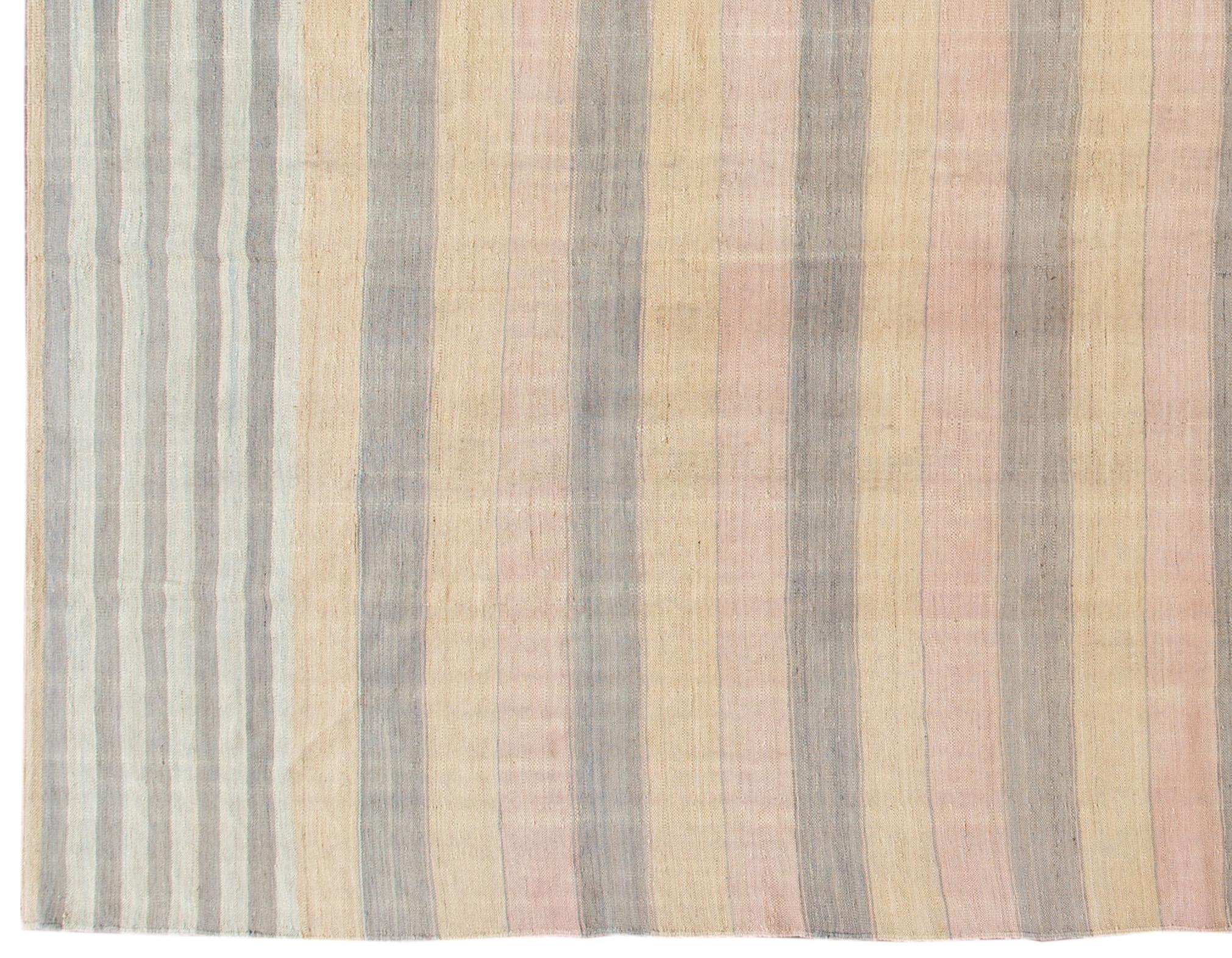 Turkish Striped Modern Kilim Room Size Wool Rug For Sale