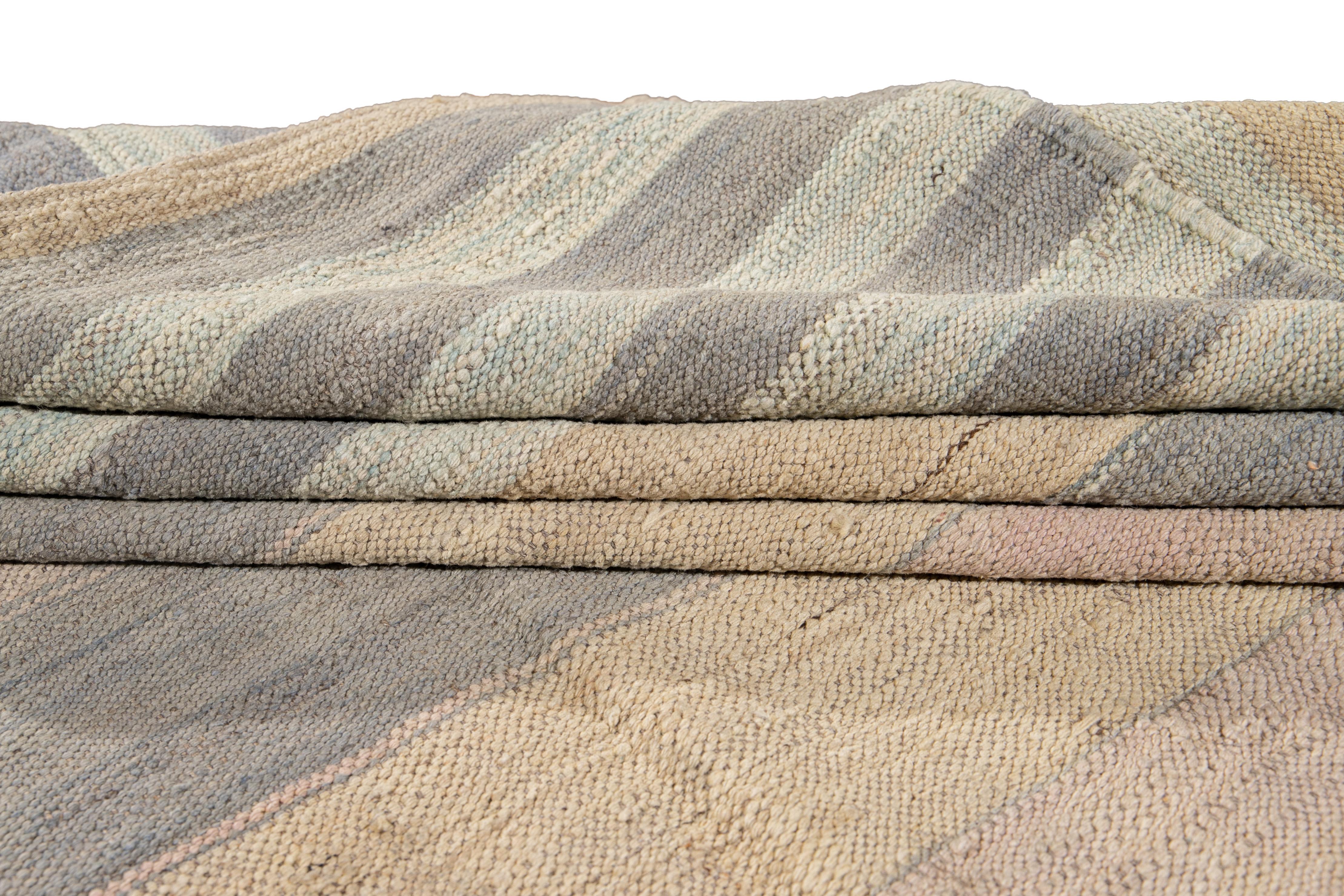 Hand-Woven Striped Modern Kilim Room Size Wool Rug For Sale
