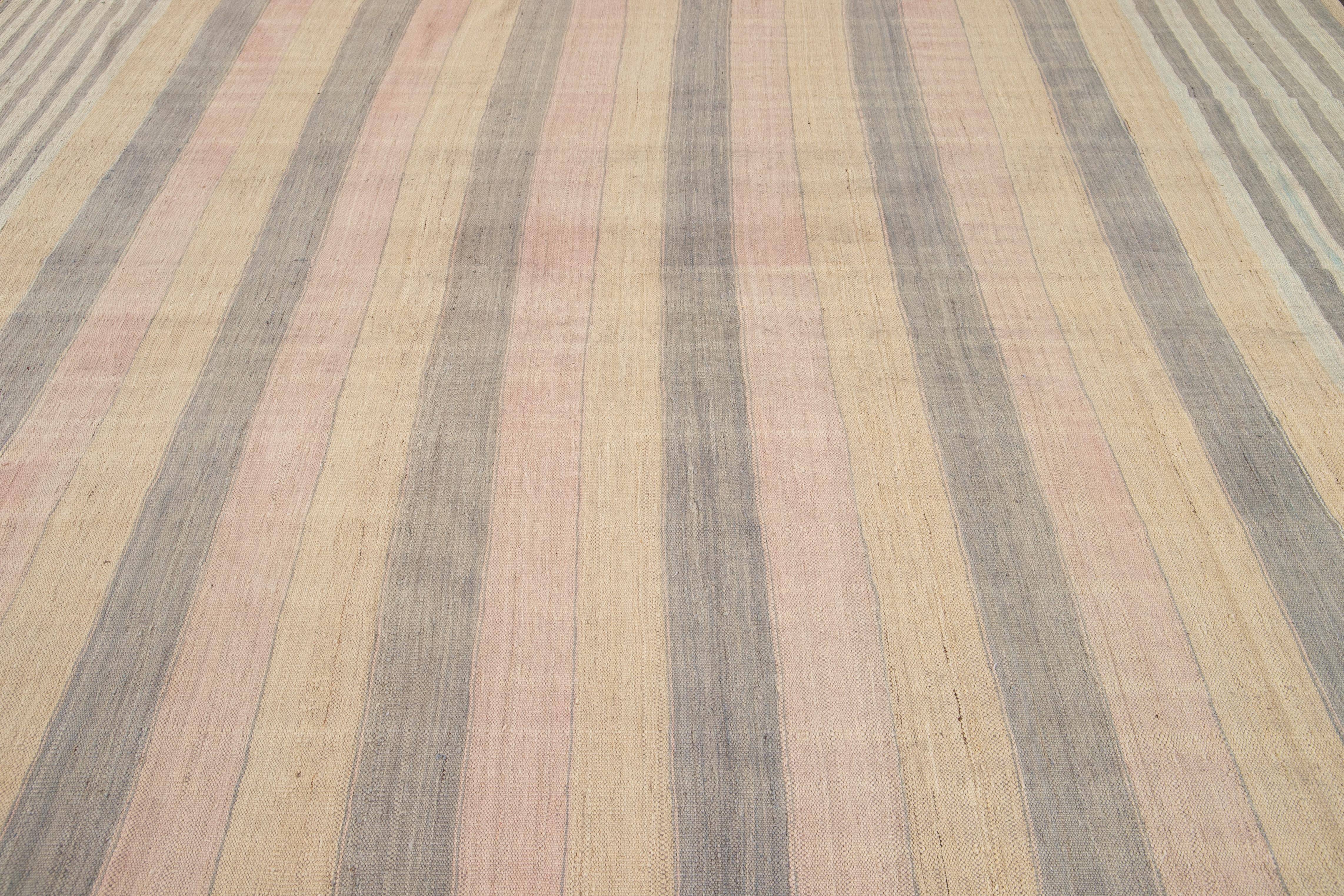Contemporary Striped Modern Kilim Room Size Wool Rug For Sale