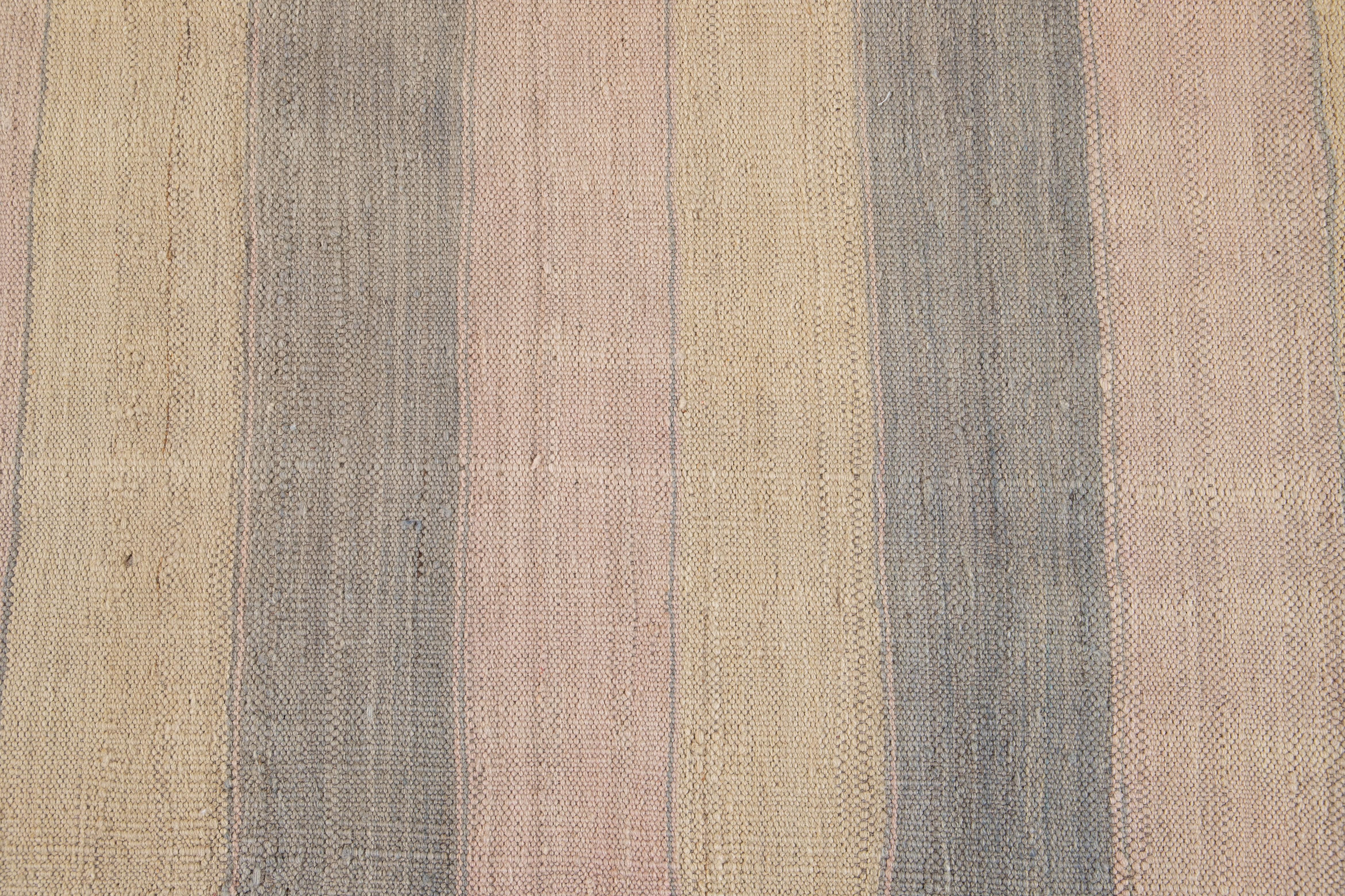 Striped Modern Kilim Room Size Wool Rug For Sale 1