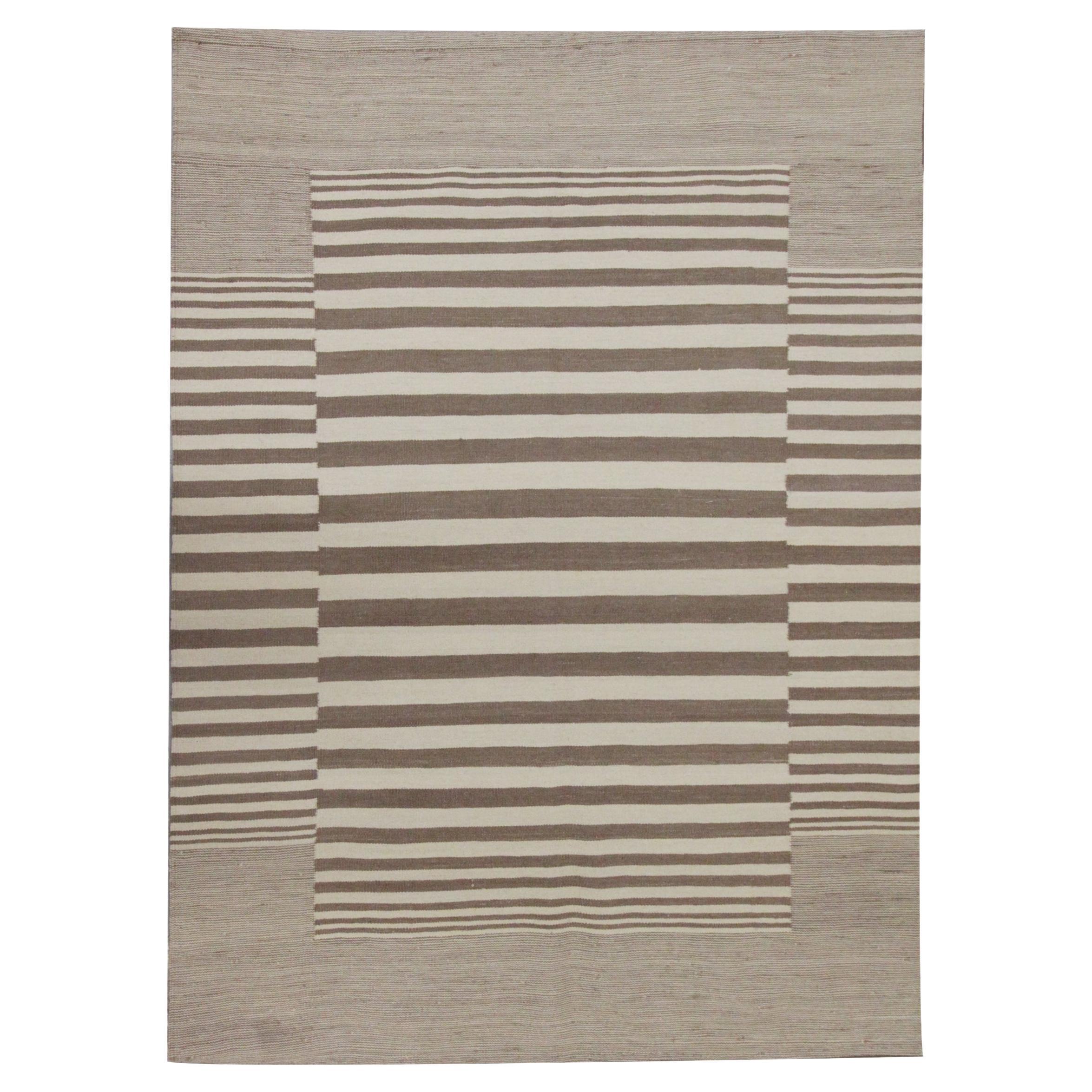 Beige Striped Kilim Rug Modern Rug Brown Kilim Cream Wool Carpet Area