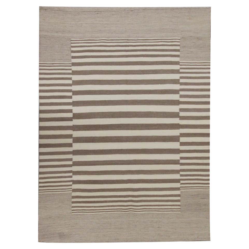 Contemporary Brown and White Striped Kilim Flatweave Wool Rug at 1stDibs