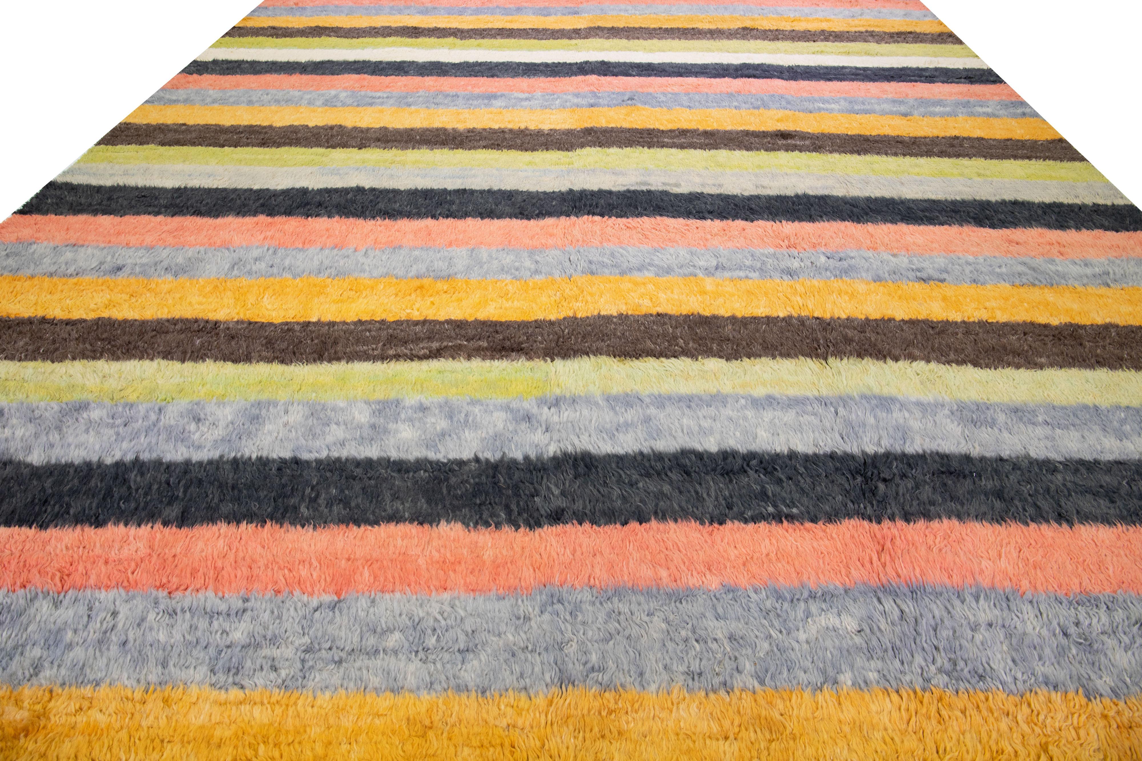 Hand-Knotted Striped Modern Tulu Handmade Multicolor Turkish Wool Rug For Sale