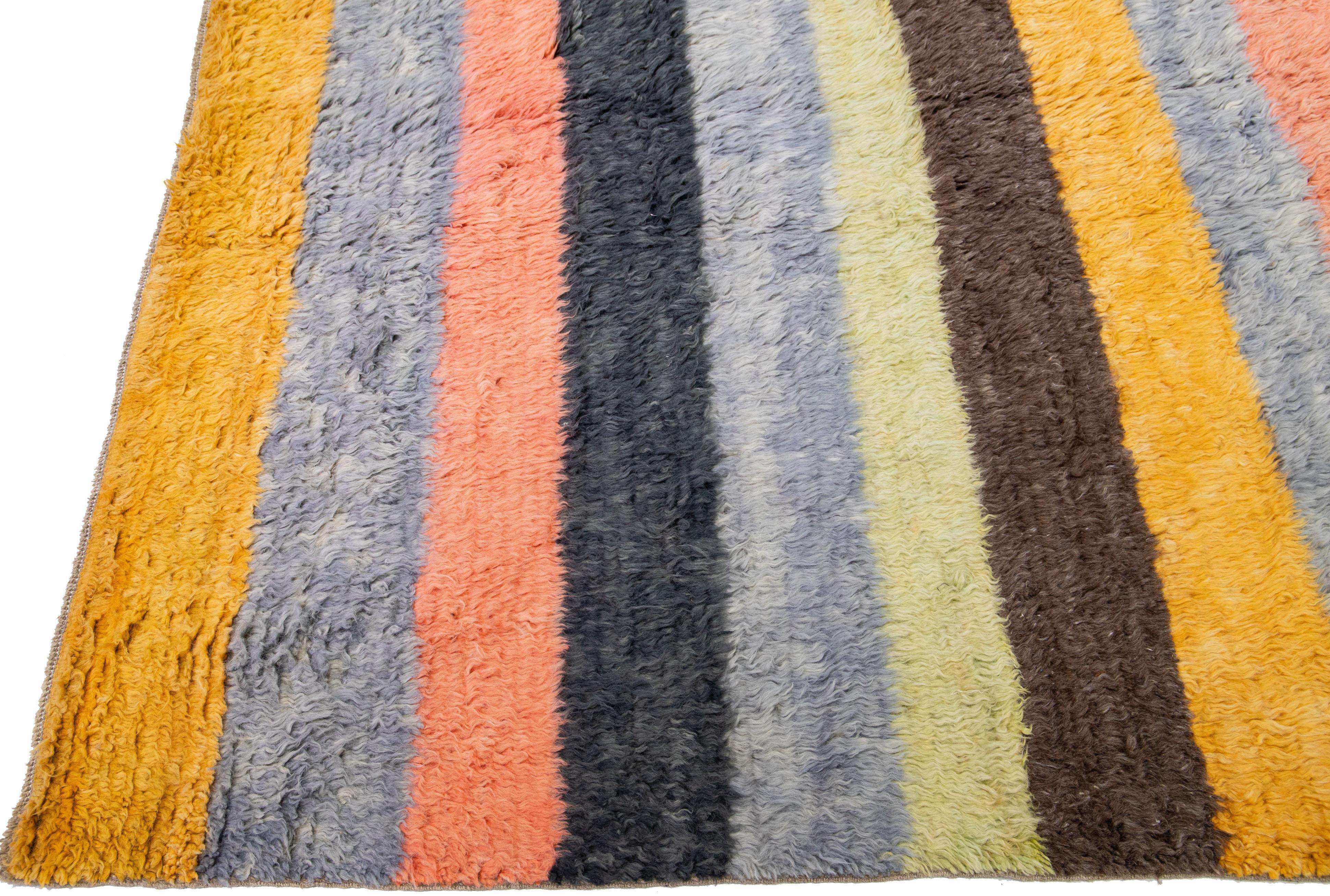 Striped Modern Tulu Handmade Multicolor Turkish Wool Rug In New Condition For Sale In Norwalk, CT