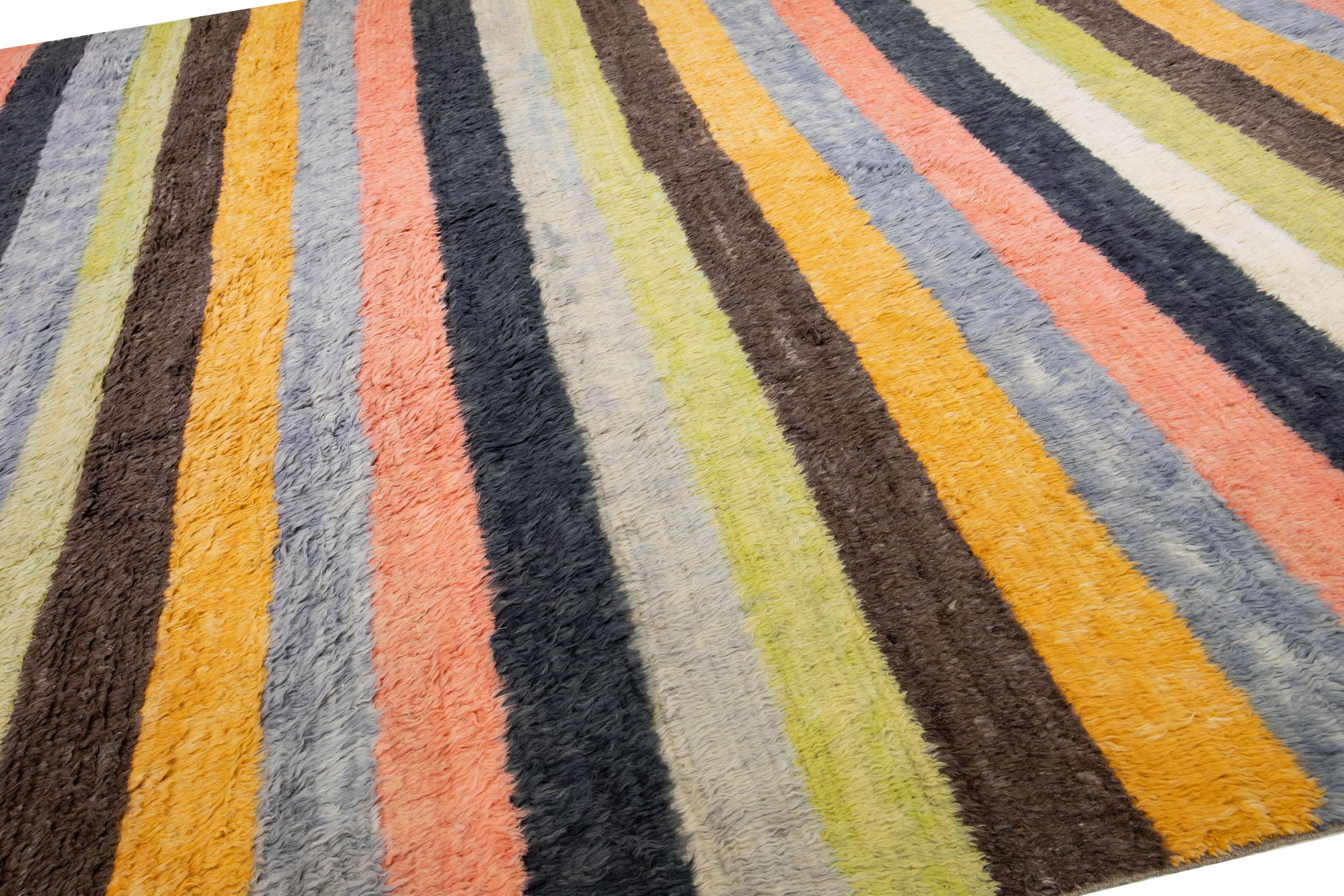 Contemporary Striped Modern Tulu Handmade Multicolor Turkish Wool Rug For Sale