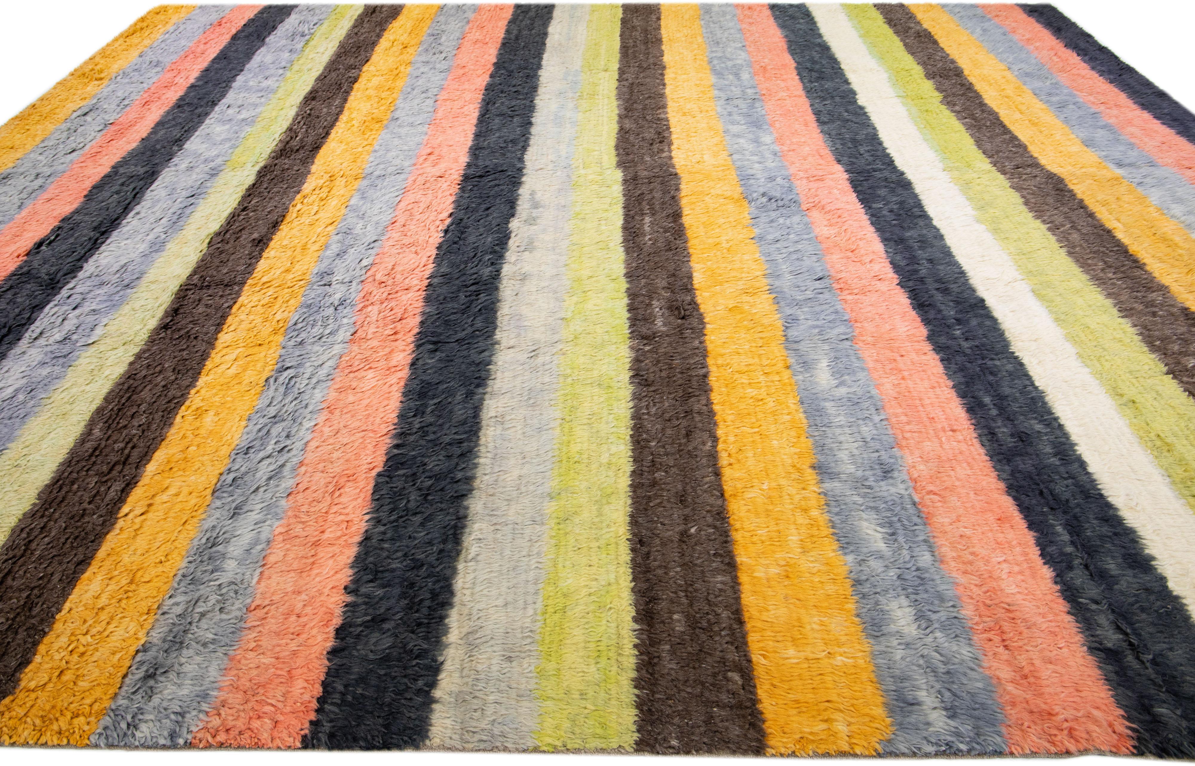 Striped Modern Tulu Handmade Multicolor Turkish Wool Rug For Sale 1