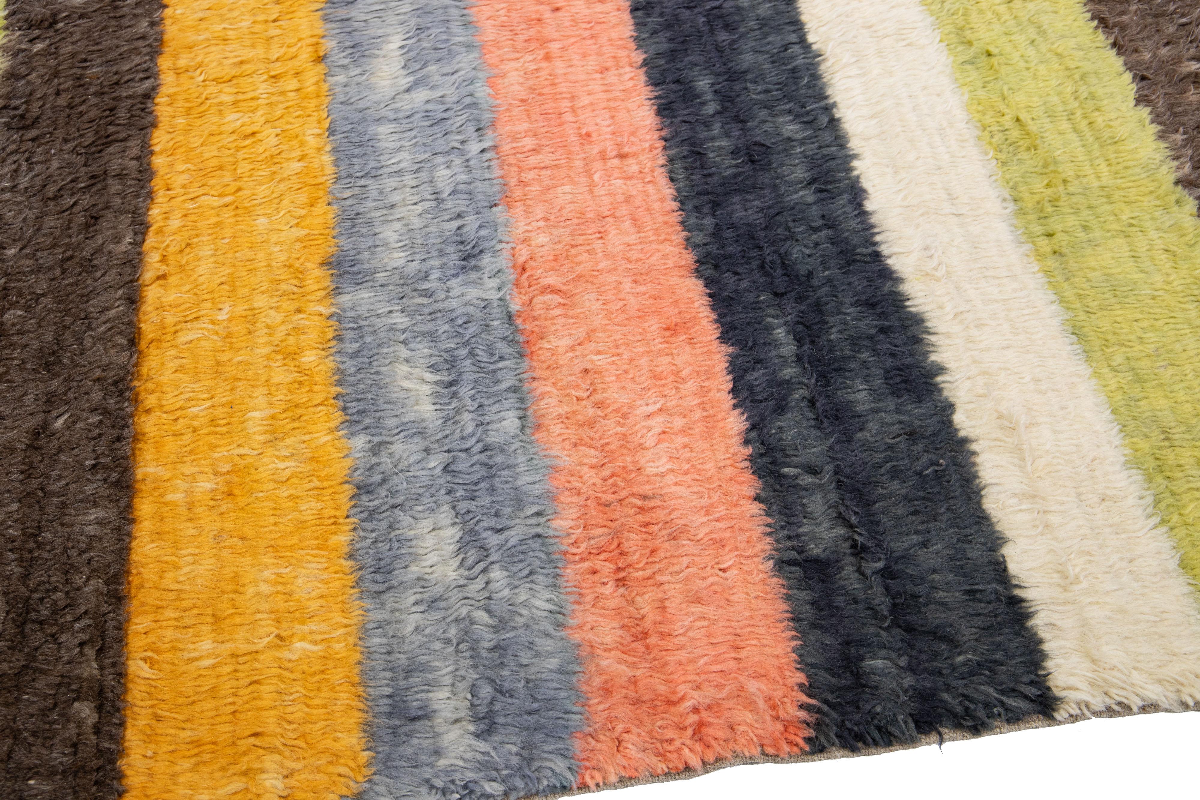 Striped Modern Tulu Handmade Multicolor Turkish Wool Rug For Sale 2