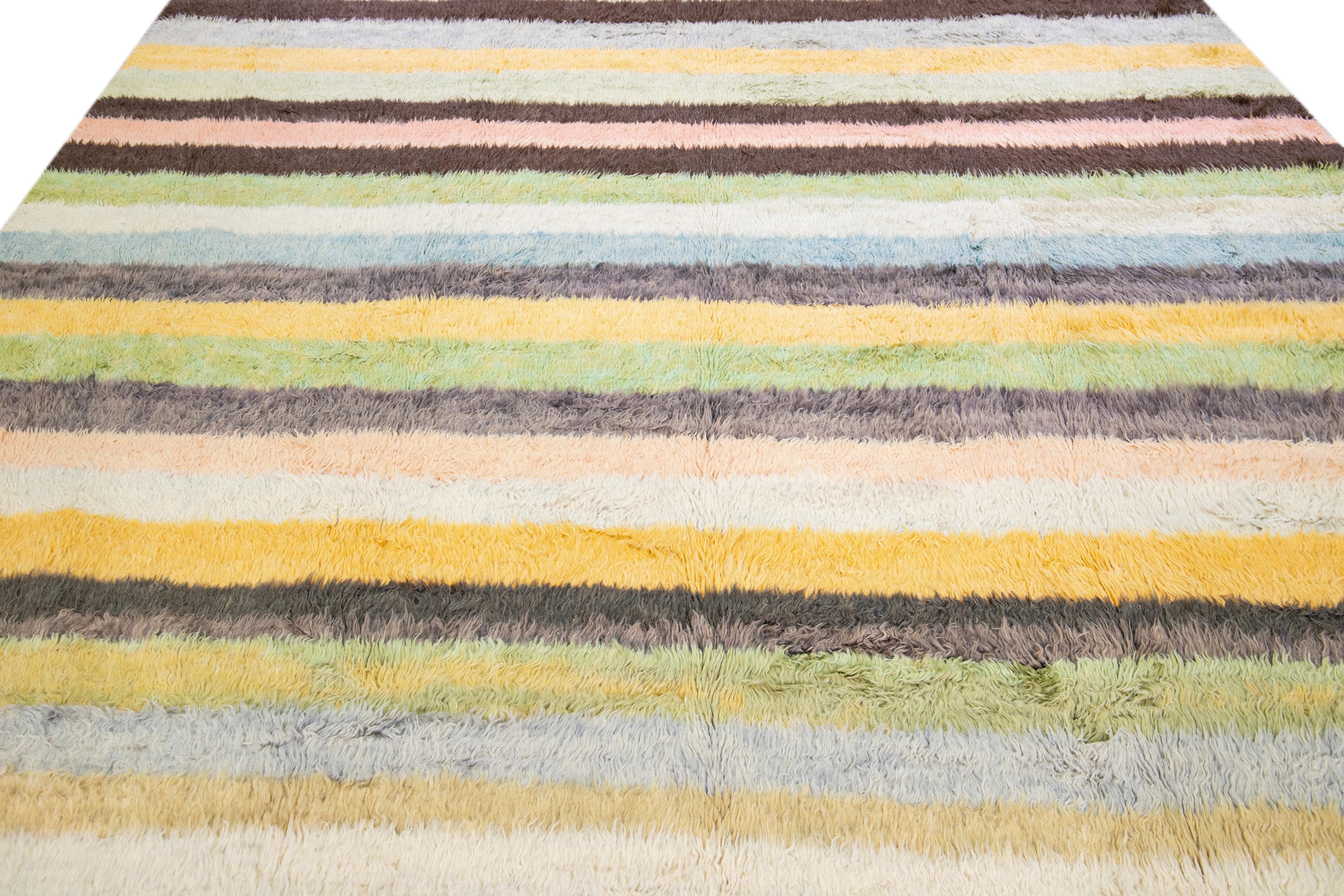 Hand-Knotted Striped Multicolor Modern Tulu Handmade Turkish Wool Rug For Sale