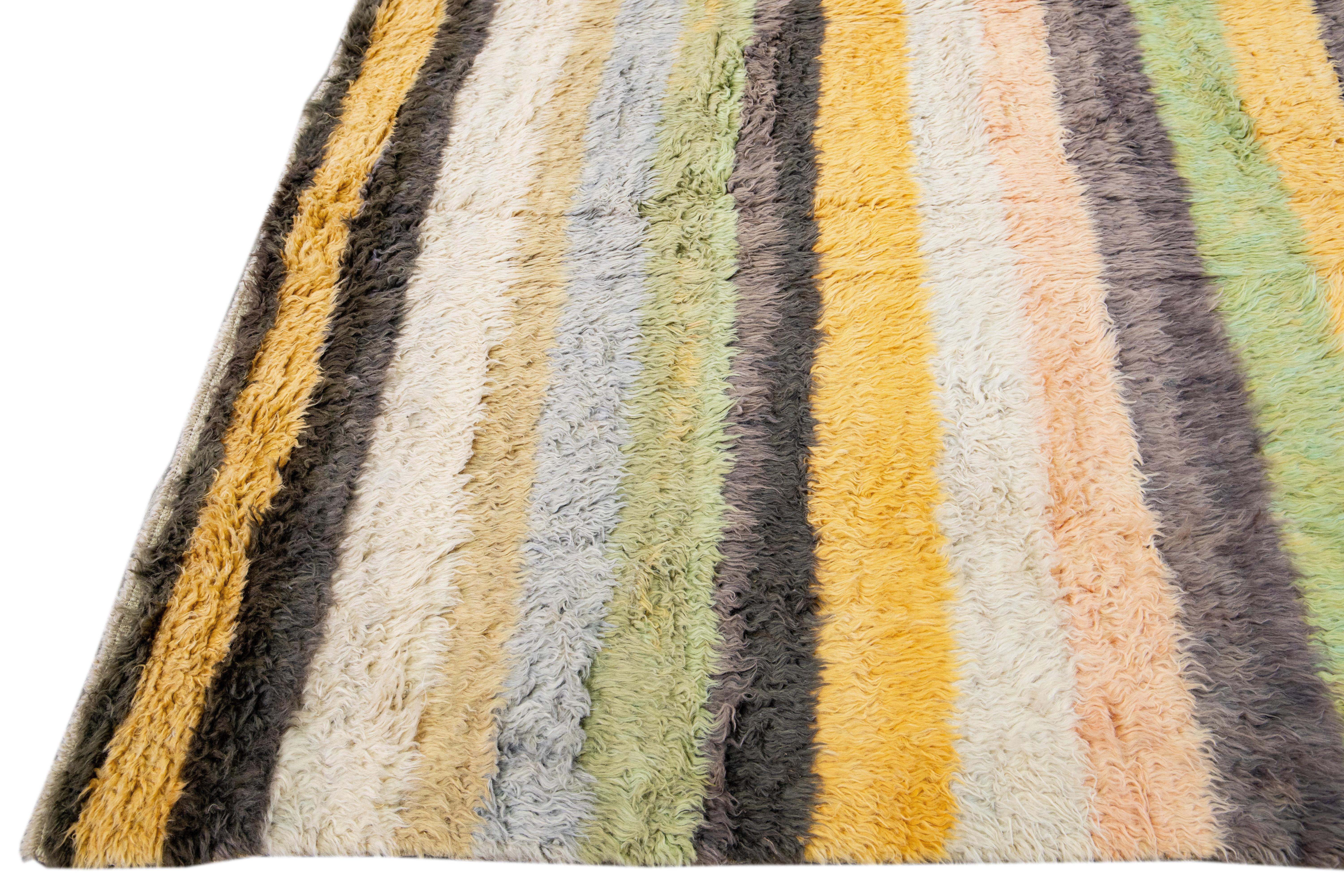 Striped Multicolor Modern Tulu Handmade Turkish Wool Rug In New Condition For Sale In Norwalk, CT