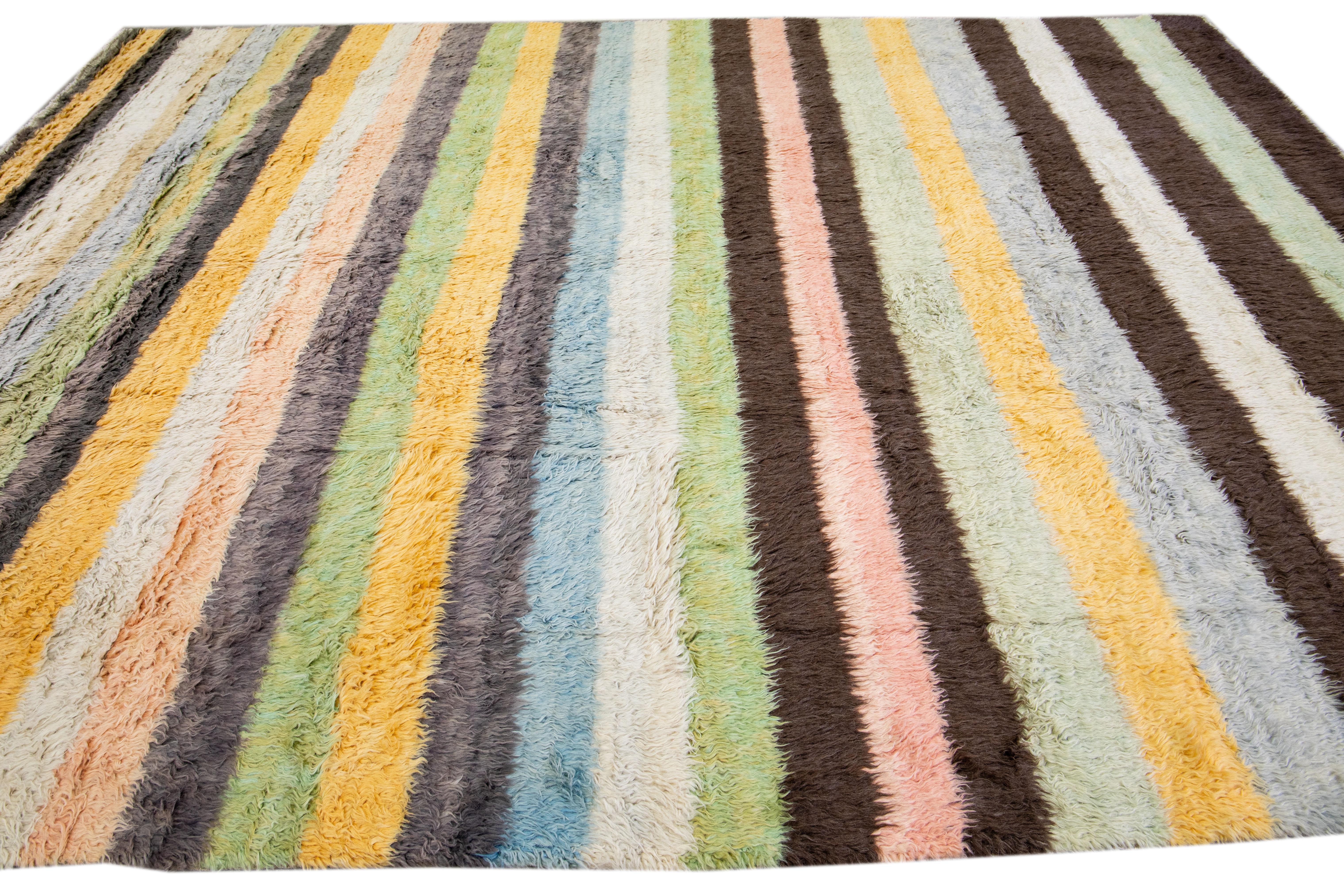 Contemporary Striped Multicolor Modern Tulu Handmade Turkish Wool Rug For Sale