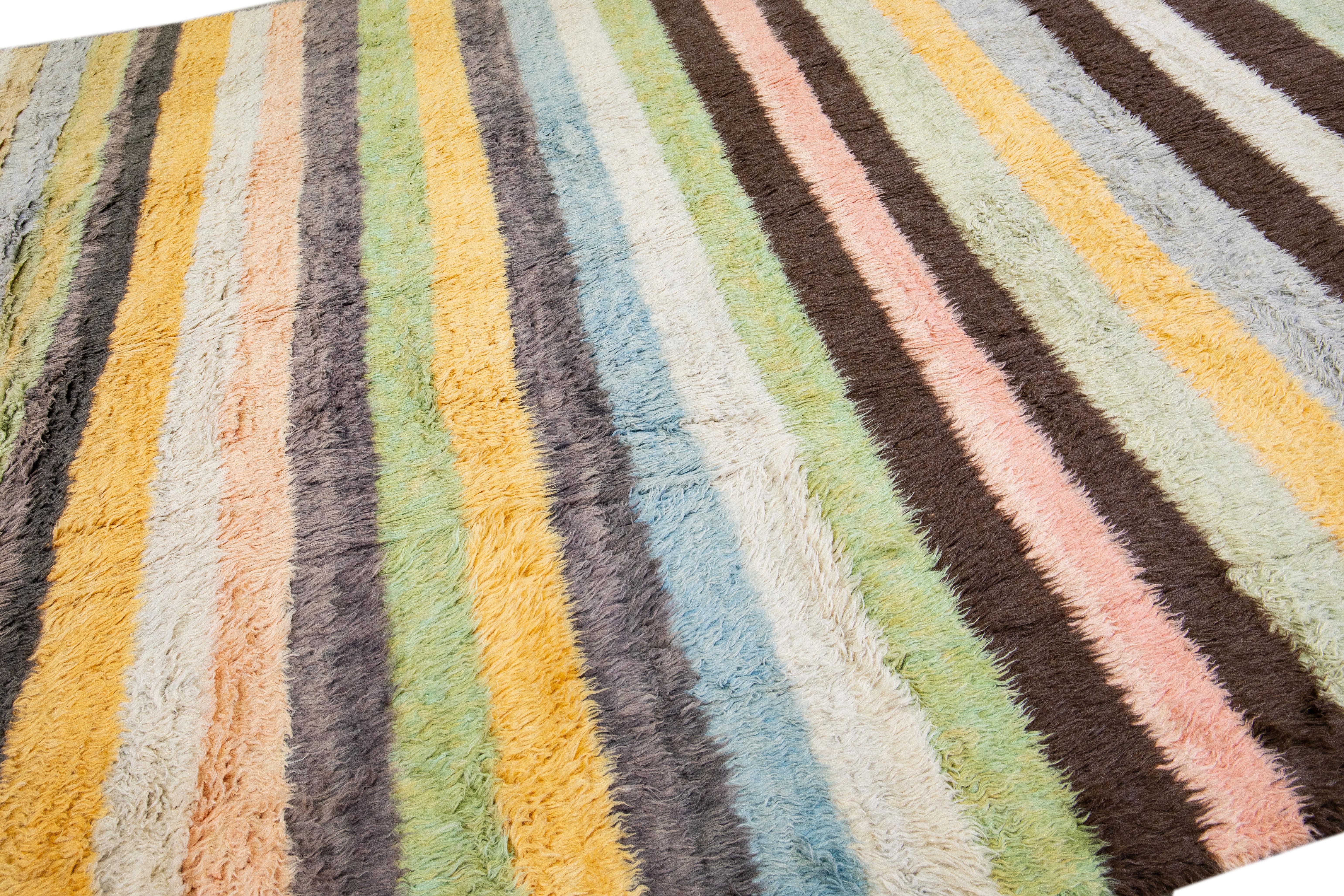 Striped Multicolor Modern Tulu Handmade Turkish Wool Rug For Sale 2
