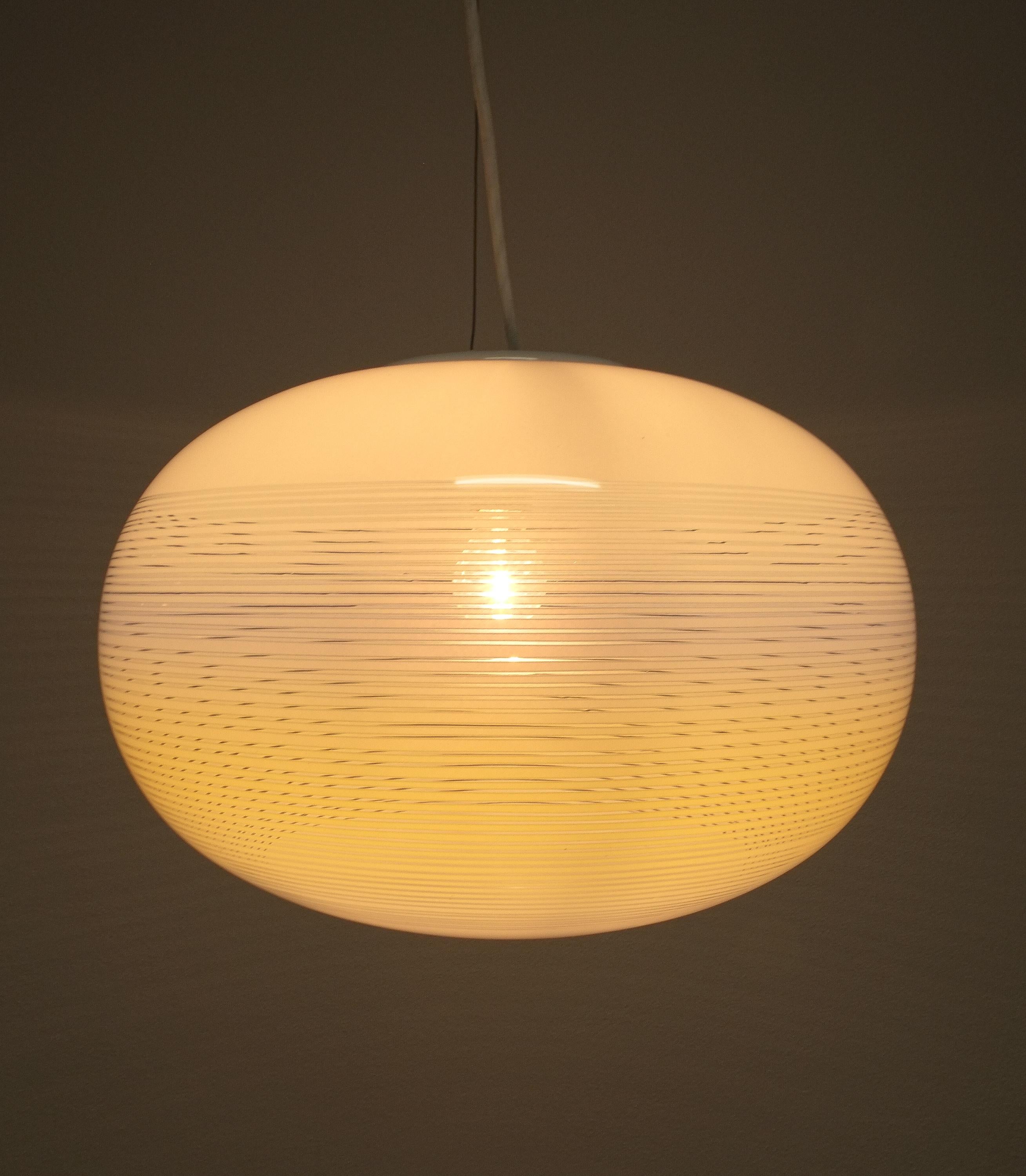 Mid-Century Modern Striped Murano Glass Ball Pendant Lamp Yellow Blue White, Midcentury, Italy