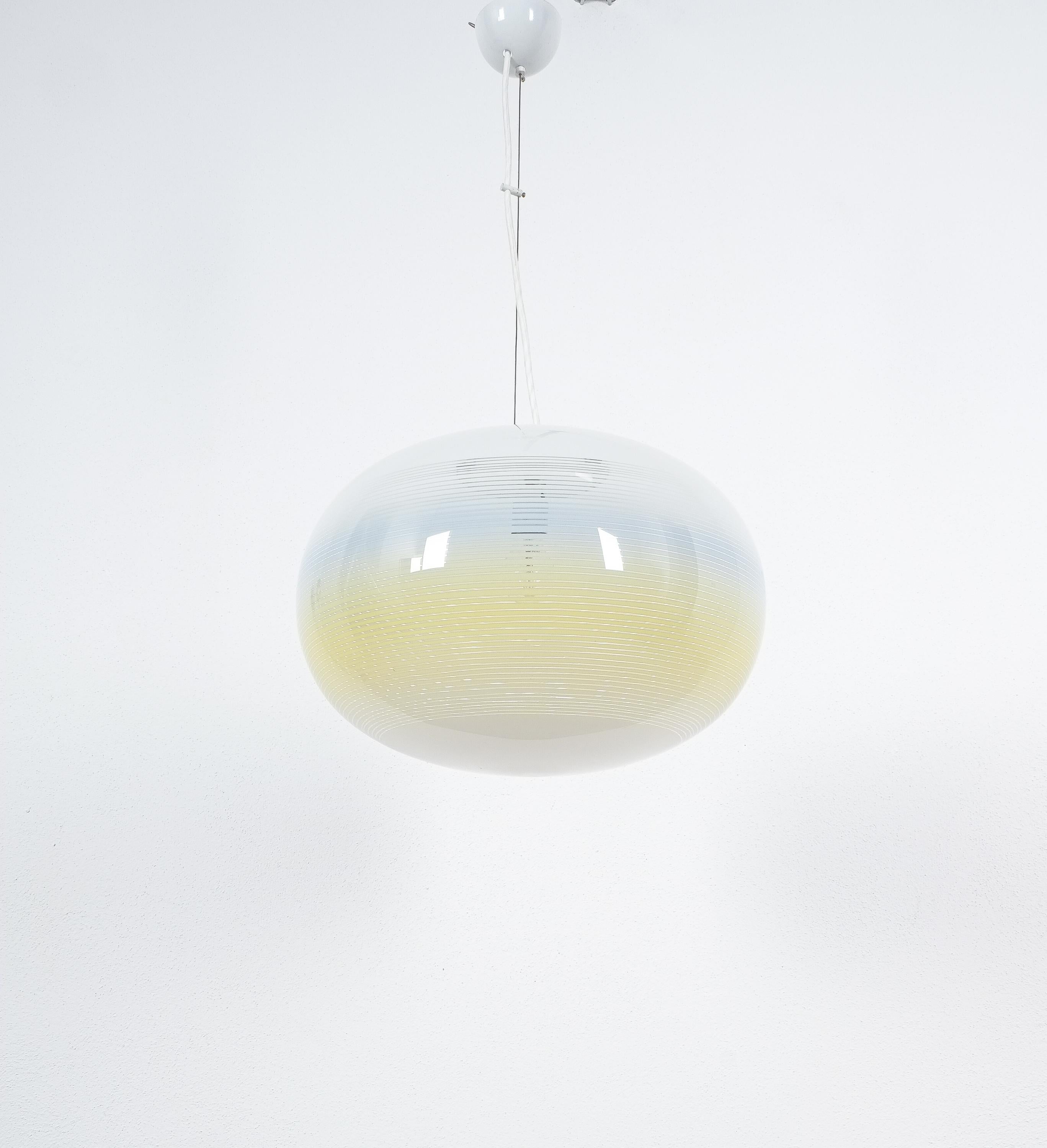 Italian Striped Murano Glass Ball Pendant Lamp Yellow Blue White, Midcentury, Italy