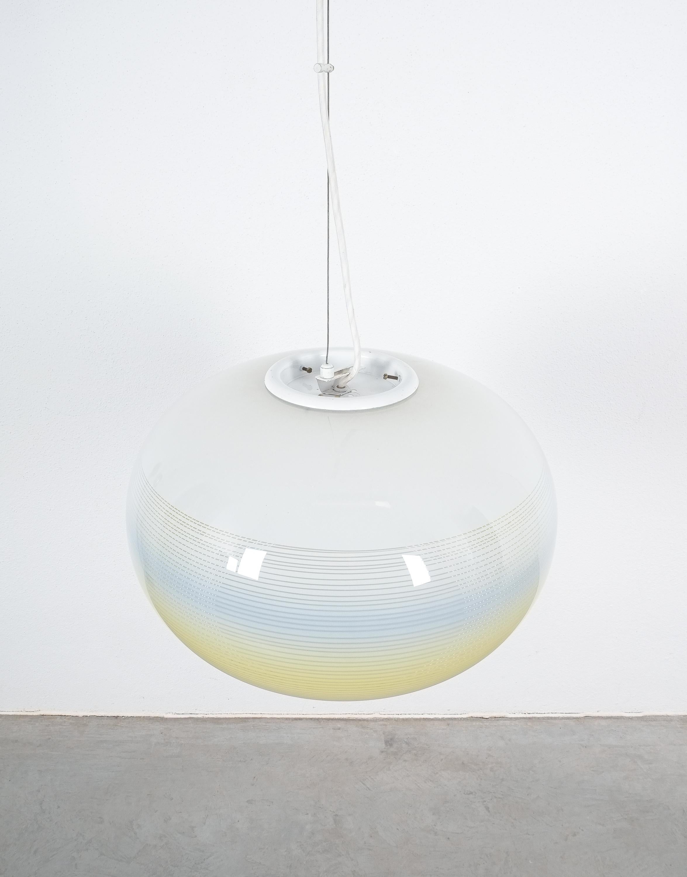 Late 20th Century Striped Murano Glass Ball Pendant Lamp Yellow Blue White, Midcentury, Italy