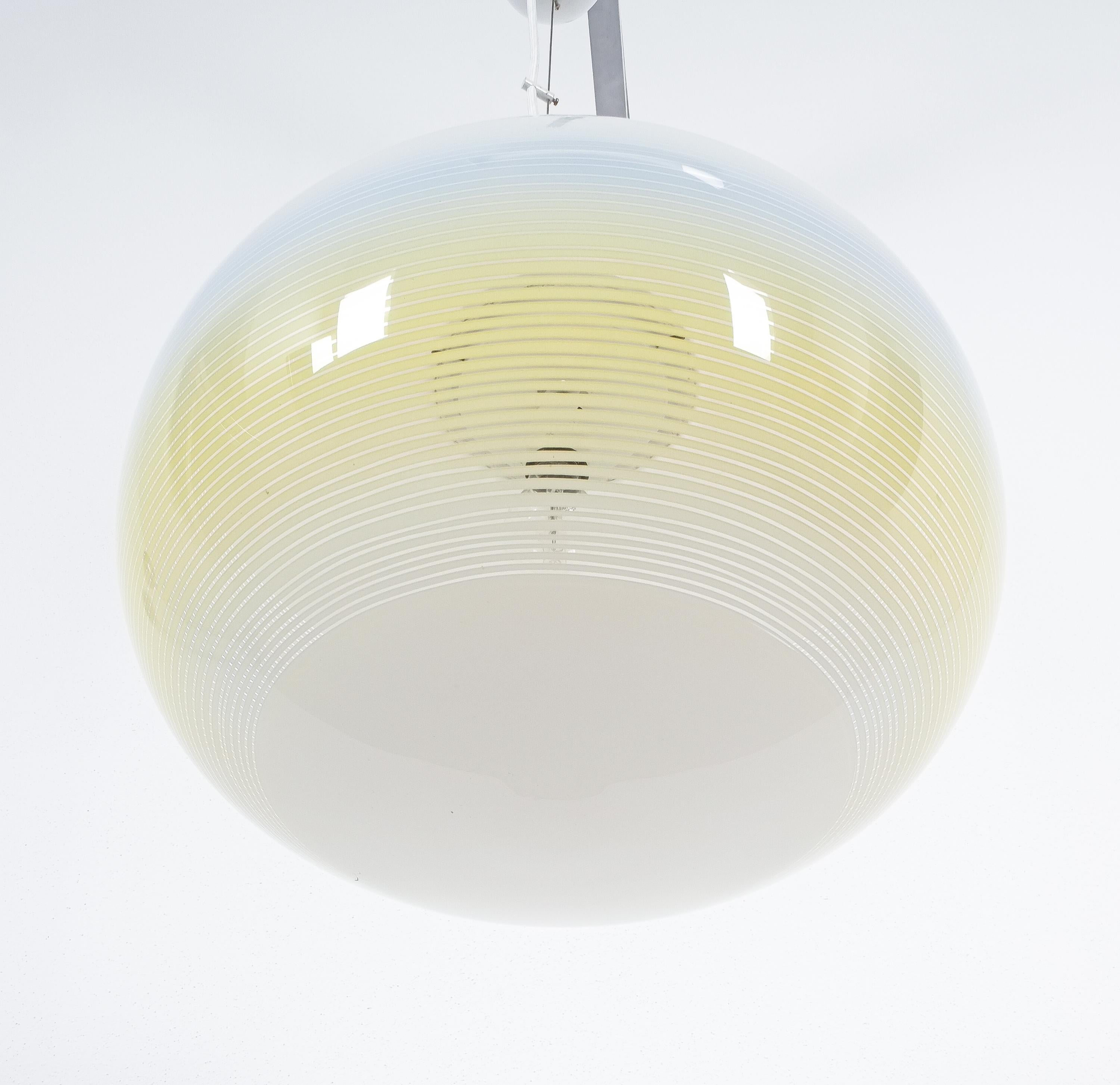 Striped Murano Glass Ball Pendant Lamp Yellow Blue White, Midcentury, Italy 1