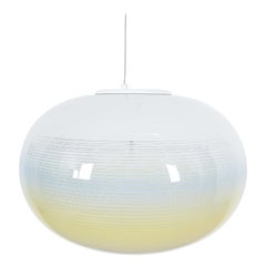Striped Murano Glass Ball Pendant Lamp Yellow Blue White, Midcentury, Italy