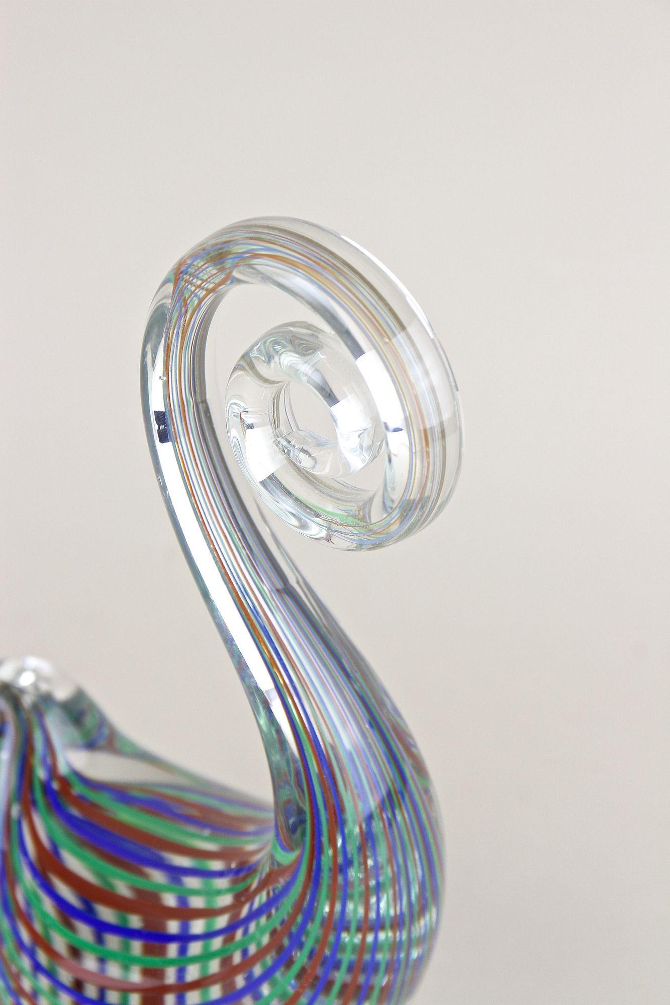 Italian Striped Murano Glass Bird Sculpture, Mid Century Murano Glass Art, IT ca. 1970 For Sale