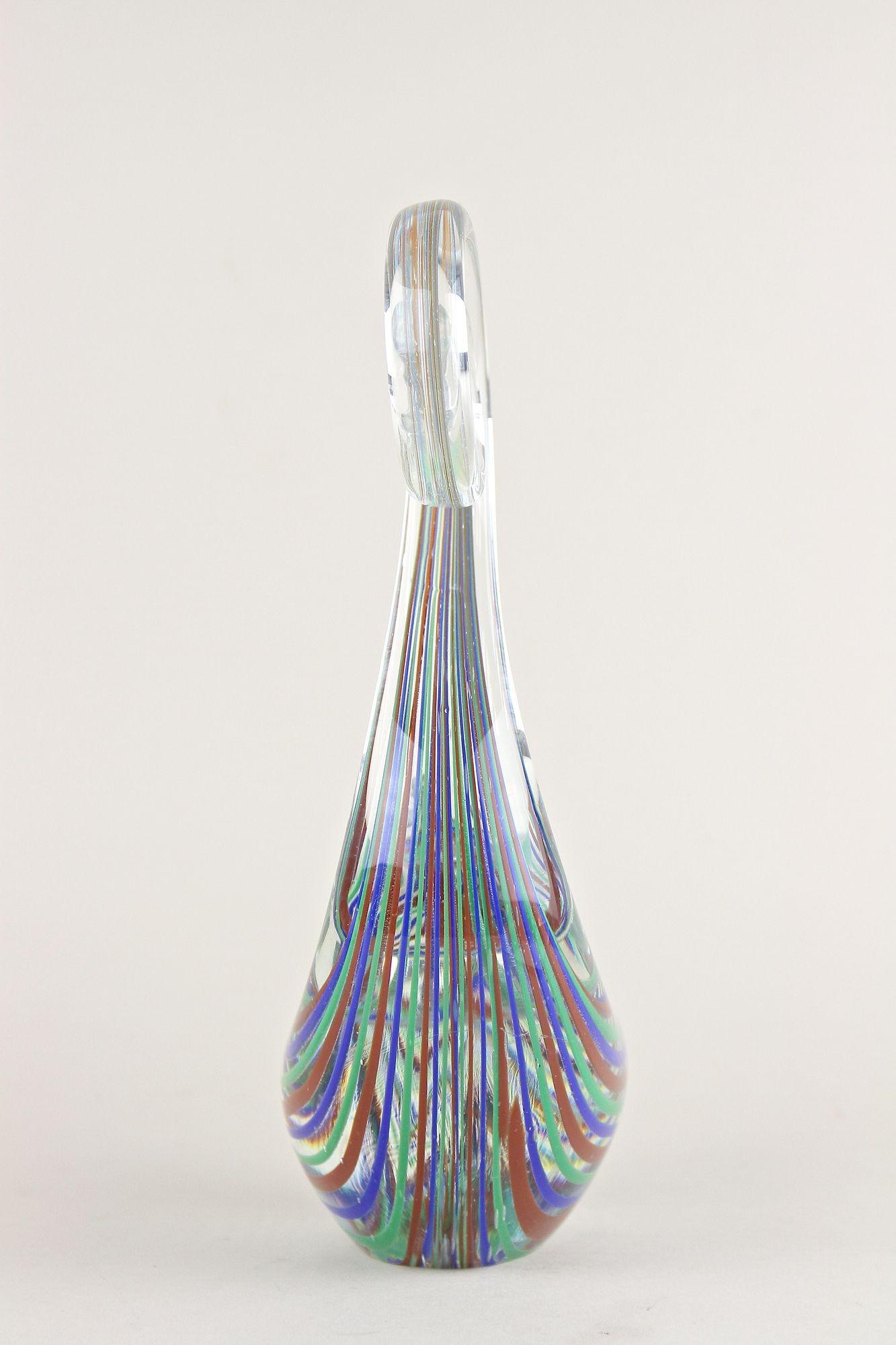 Hand-Crafted Striped Murano Glass Bird Sculpture, Mid Century Murano Glass Art, IT ca. 1970 For Sale