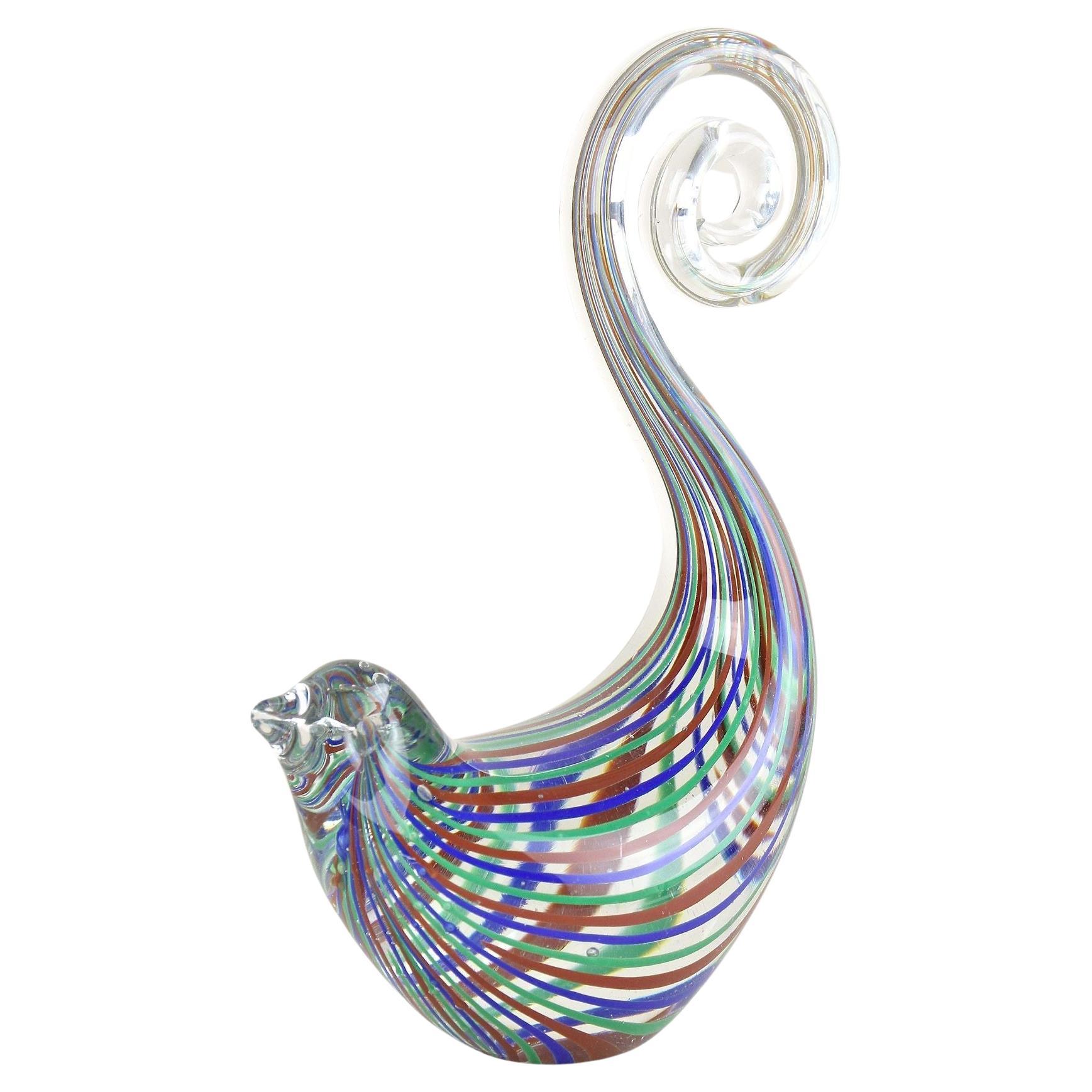 Striped Murano Glass Bird Sculpture, Mid Century Murano Glass Art, IT ca. 1970