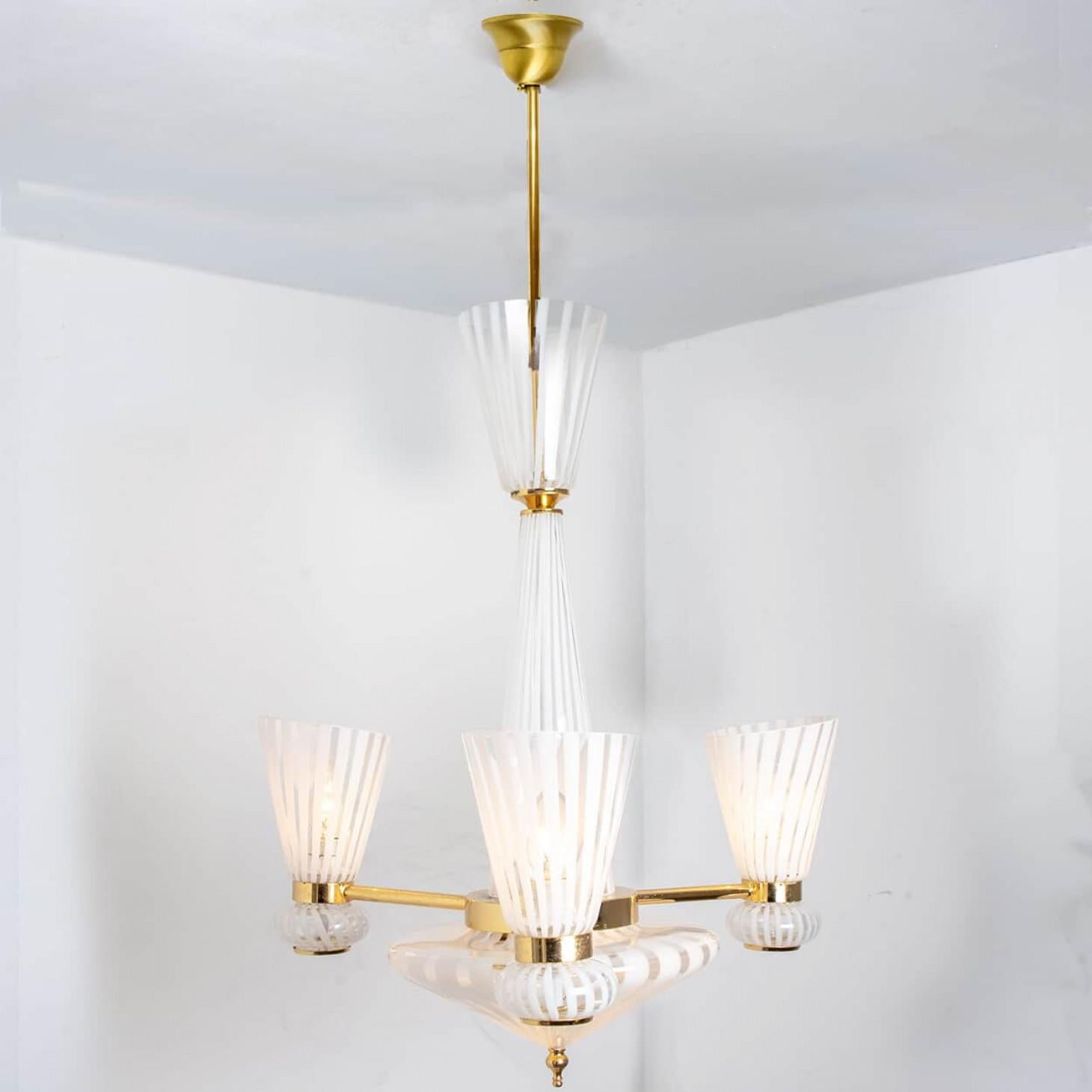 German Striped Murano White Clear Glass Pendant Light, 1970s For Sale