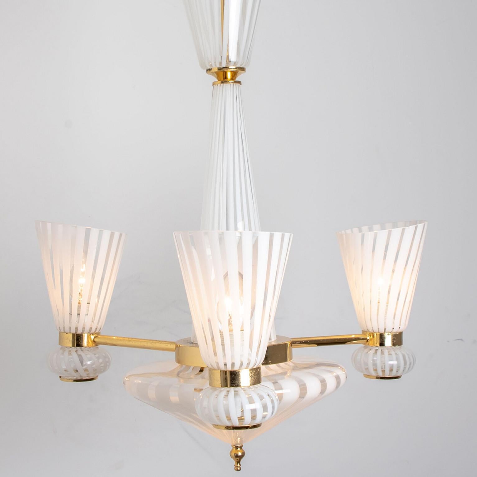Brass Striped Murano White Clear Glass Pendant Light, 1970s For Sale