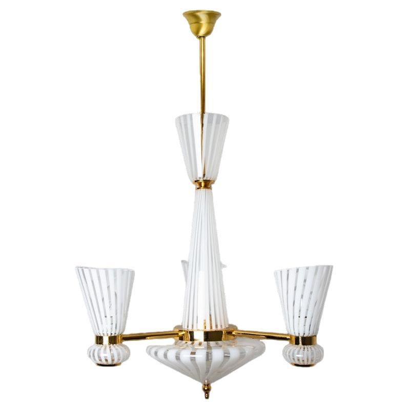 Striped Murano White Clear Glass Pendant Light, 1970s