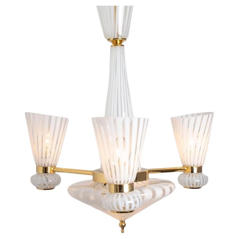 Striped Murano White Clear Glass Pendant Light, 1970s For Sale