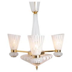 Striped Murano White Clear Glass Pendant Light, 1970s