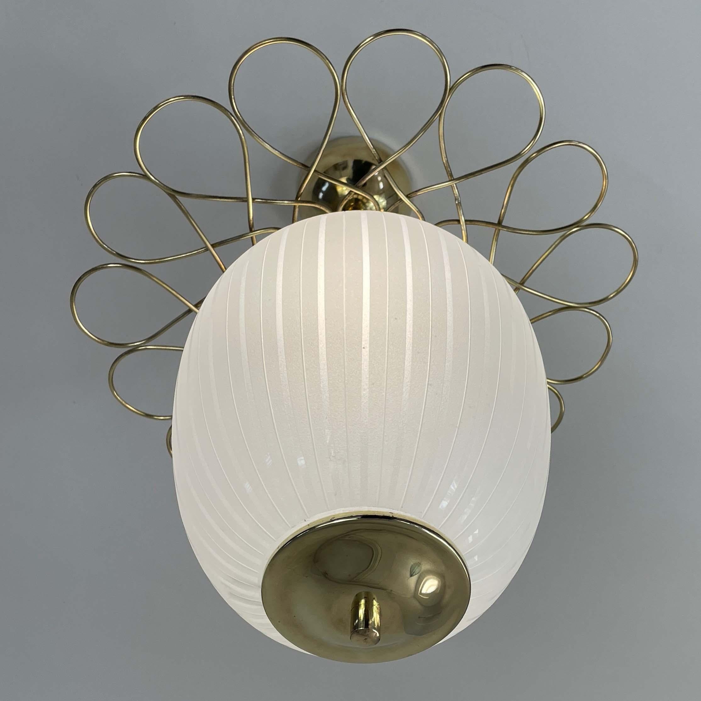 Striped Opaline Glass & Brass Semi Flush Mount, Finland 1940s For Sale 9