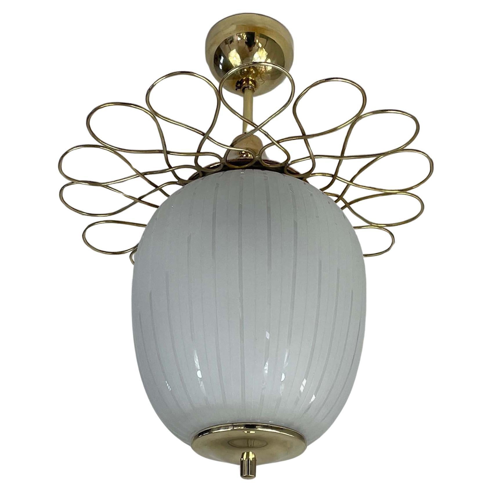 Striped Opaline Glass & Brass Semi Flush Mount, Finland 1940s