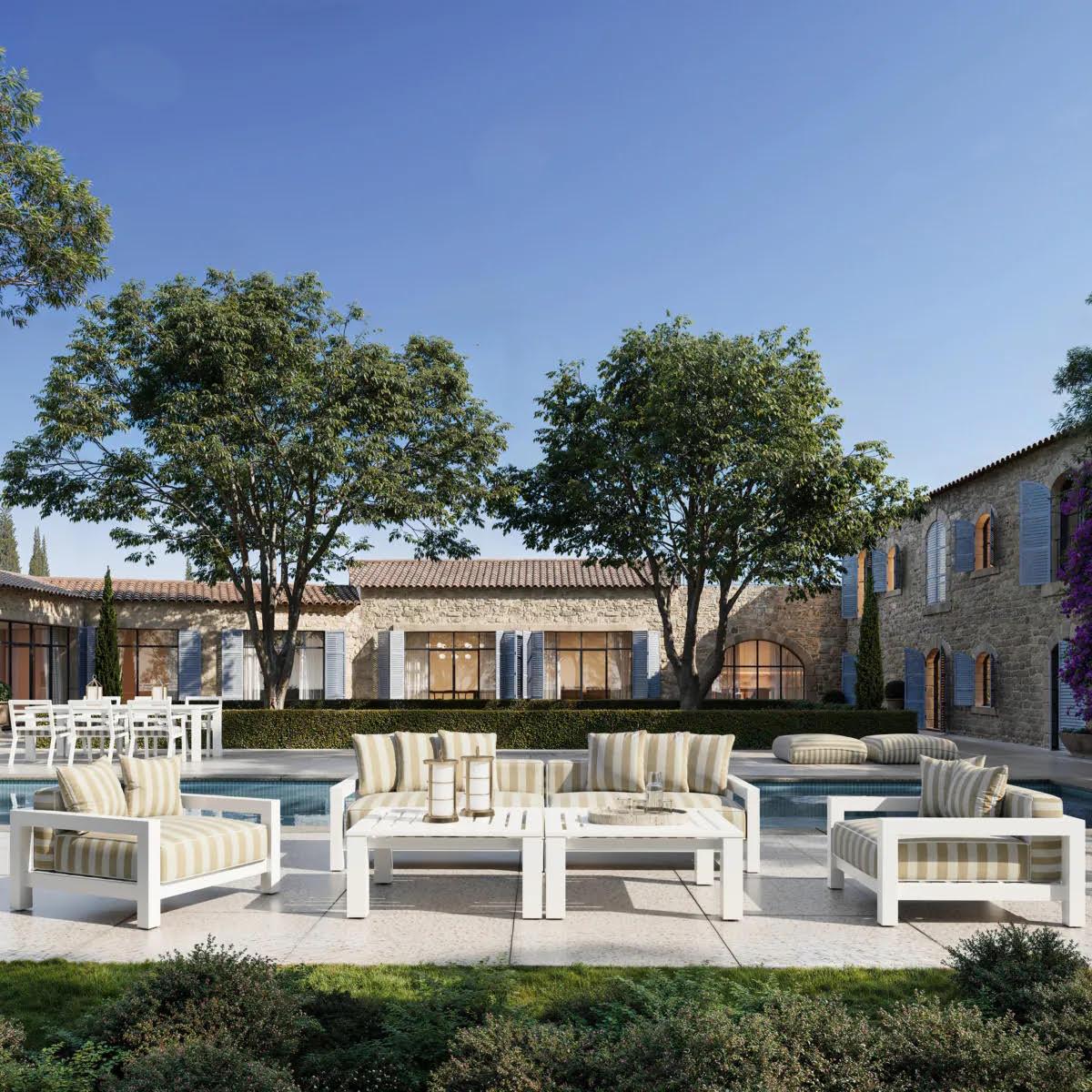 Canapé d'extérieur à rayures, finition blanc mat, beige.

Améliorez votre patio et votre jardin extérieur avec le canapé d'extérieur.
Son cadre sophistiqué en aluminium blanc mat s'harmonise avec Florent beige, un tissu rayé chic d'une élégance