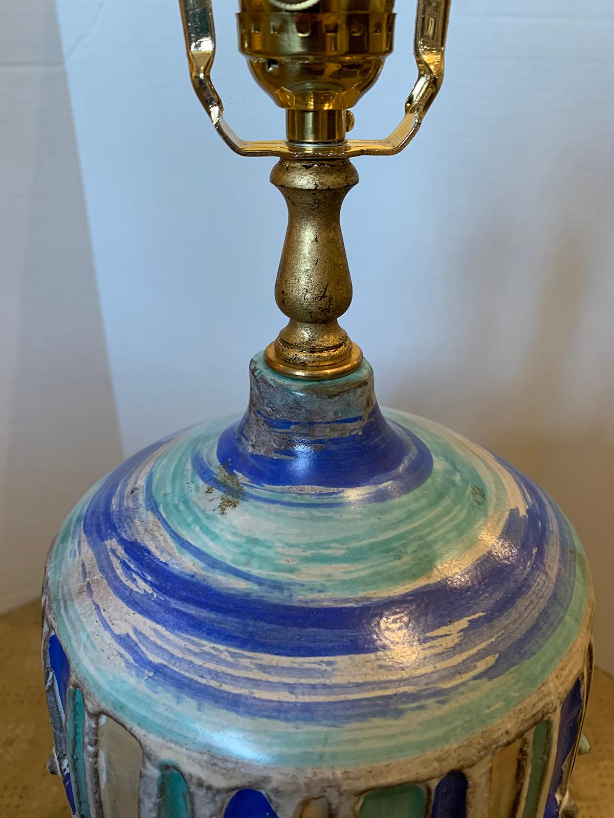 Striped Pottery Lamp on Custom Giltwood Base, Marked 