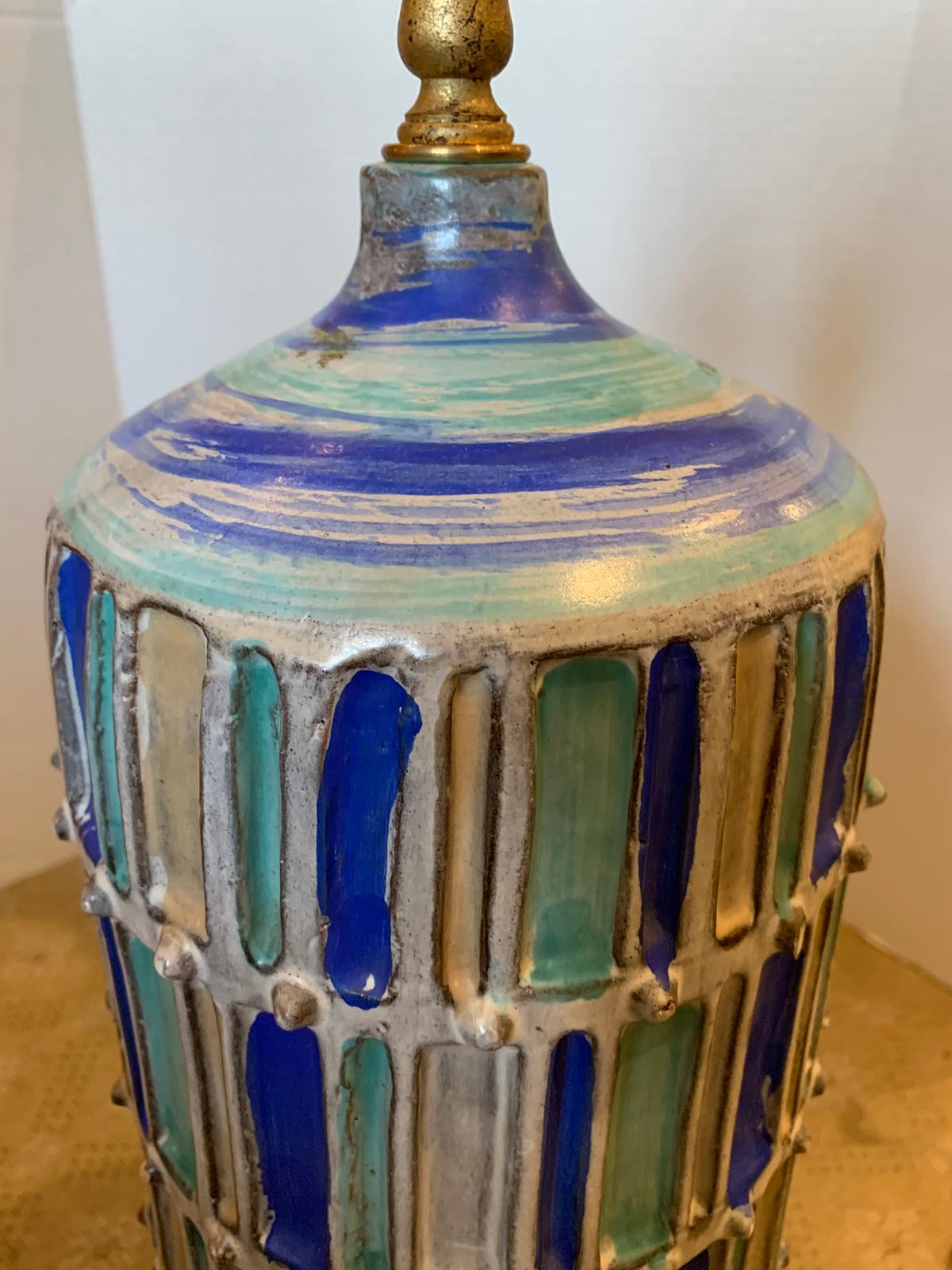 Striped Pottery Lamp on Custom Giltwood Base, Marked 