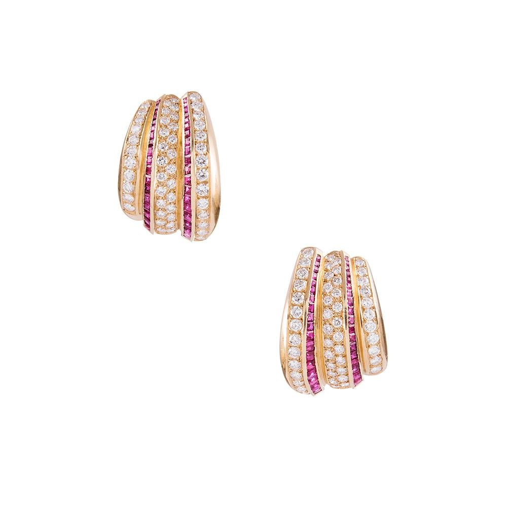 Mixed Cut Striped Ruby Diamond Modified Hoop Earrings For Sale