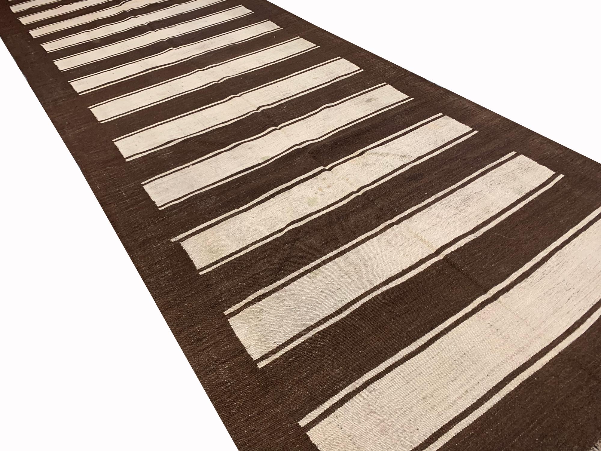 Mid-Century Modern Striped Rug Brown Cream Wool Kilim Handwoven Traditional Carpet For Sale